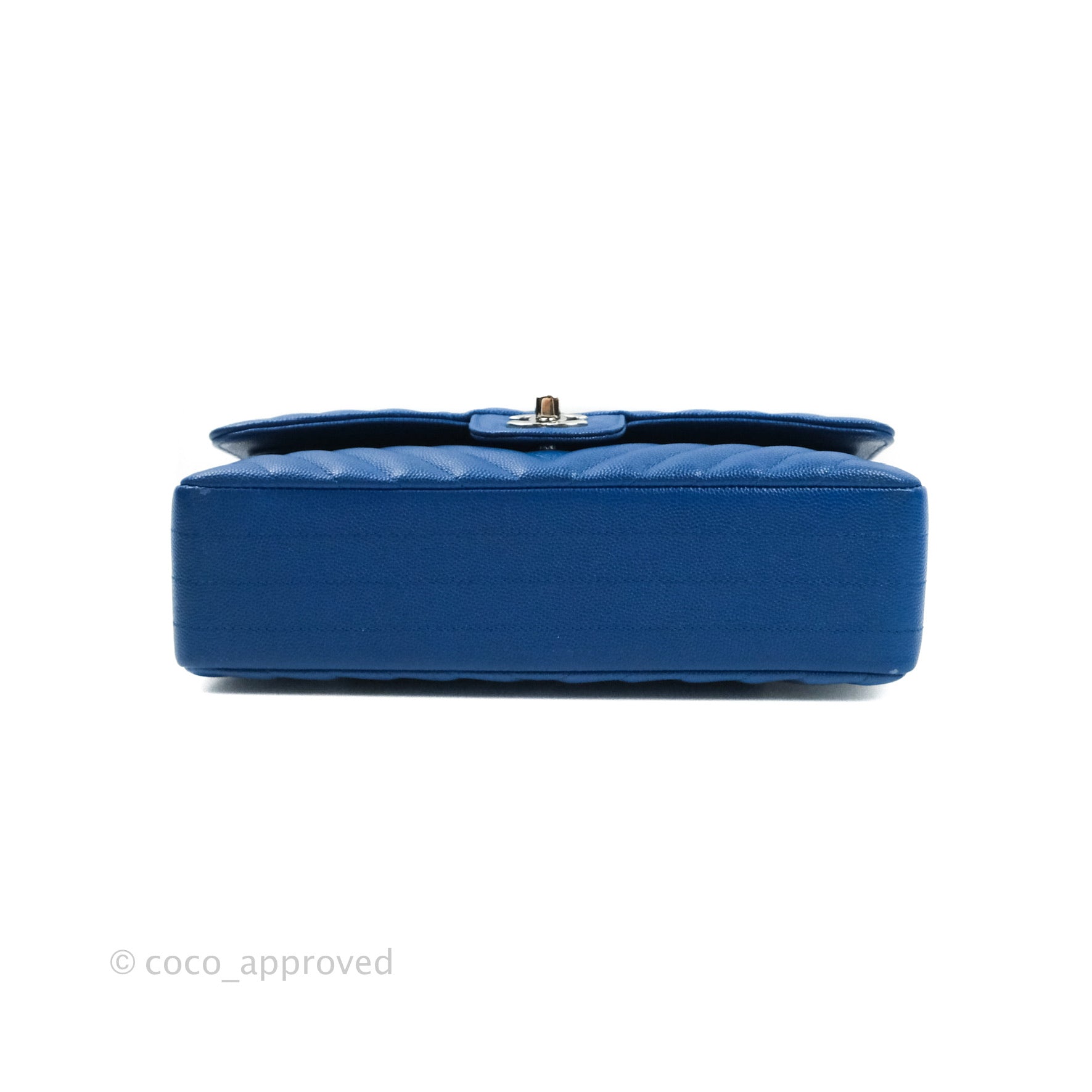 Chanel Classic Chevron M/L Medium Double Flap Bag in Blue Caviar Leather with Silver Hardware - Perfect for Work, Evening Events & Luxury Fashion Accessories