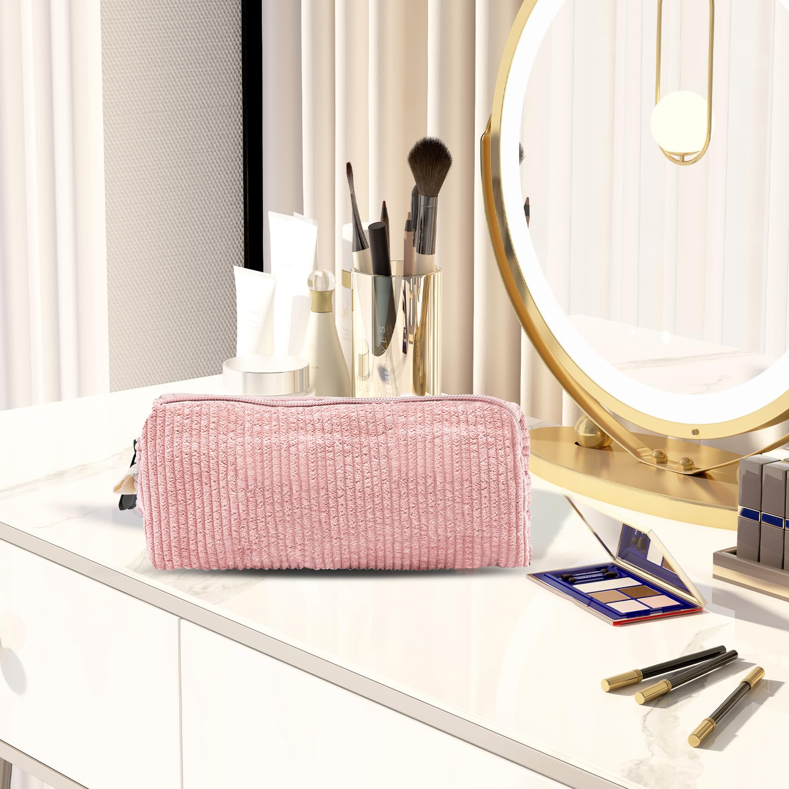 Boobeen Women's Corduroy Makeup Bag - Travel Cosmetic Organizer with Zipper, Small Purse Storage Pouch, Cute Smiley Face Toiletry Bag for Girls | Perfect for Travel, Gym, Daily Use & Gift Giving