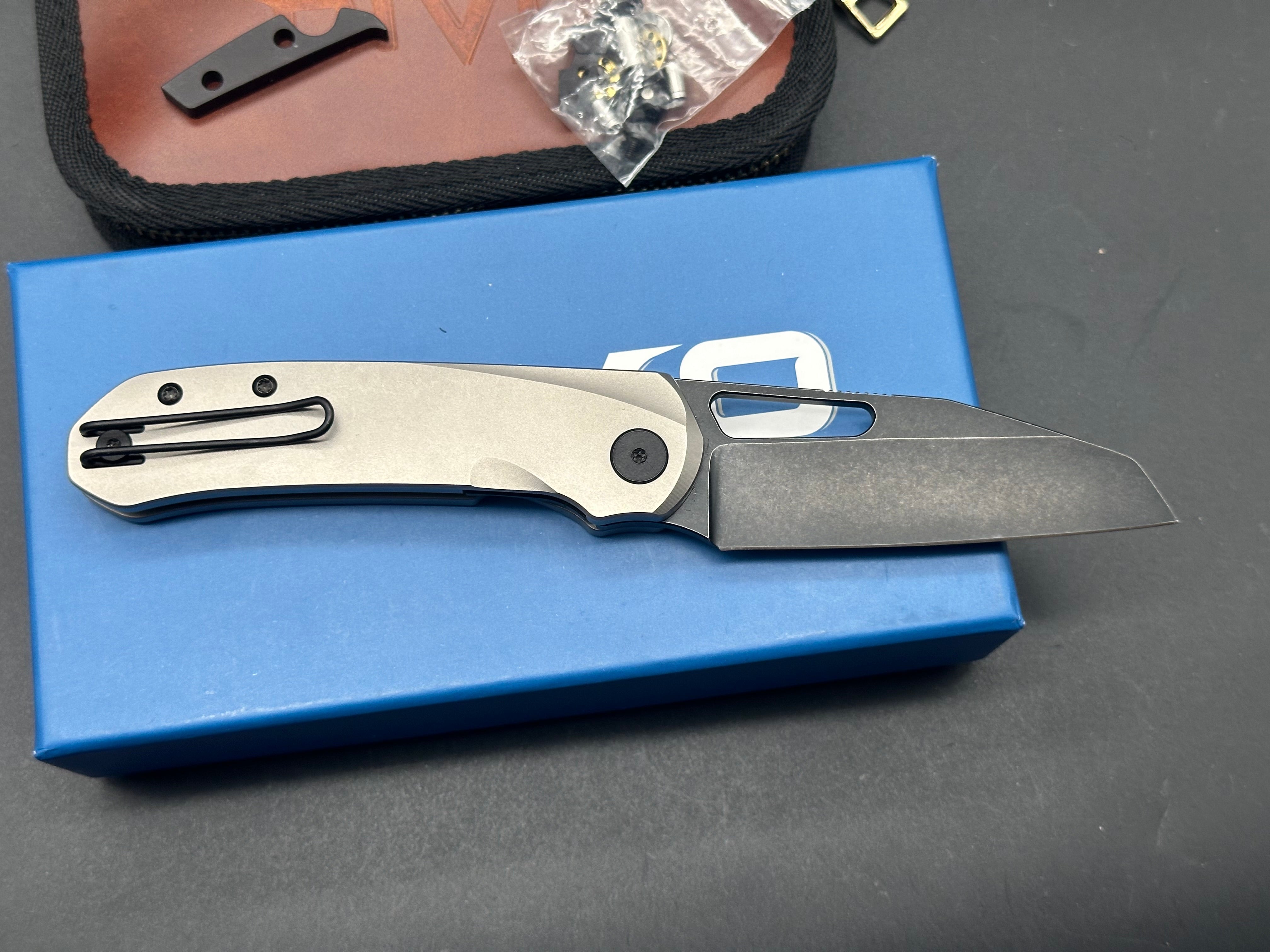 Divo Knives Buzz Reverse Tux Bead Blasted Titanium Folding Knife - Black Washed 20CV Blade, Zircuti Back Spacer & Skiff Bearings - EDC, Outdoor, Camping & Tactical Use