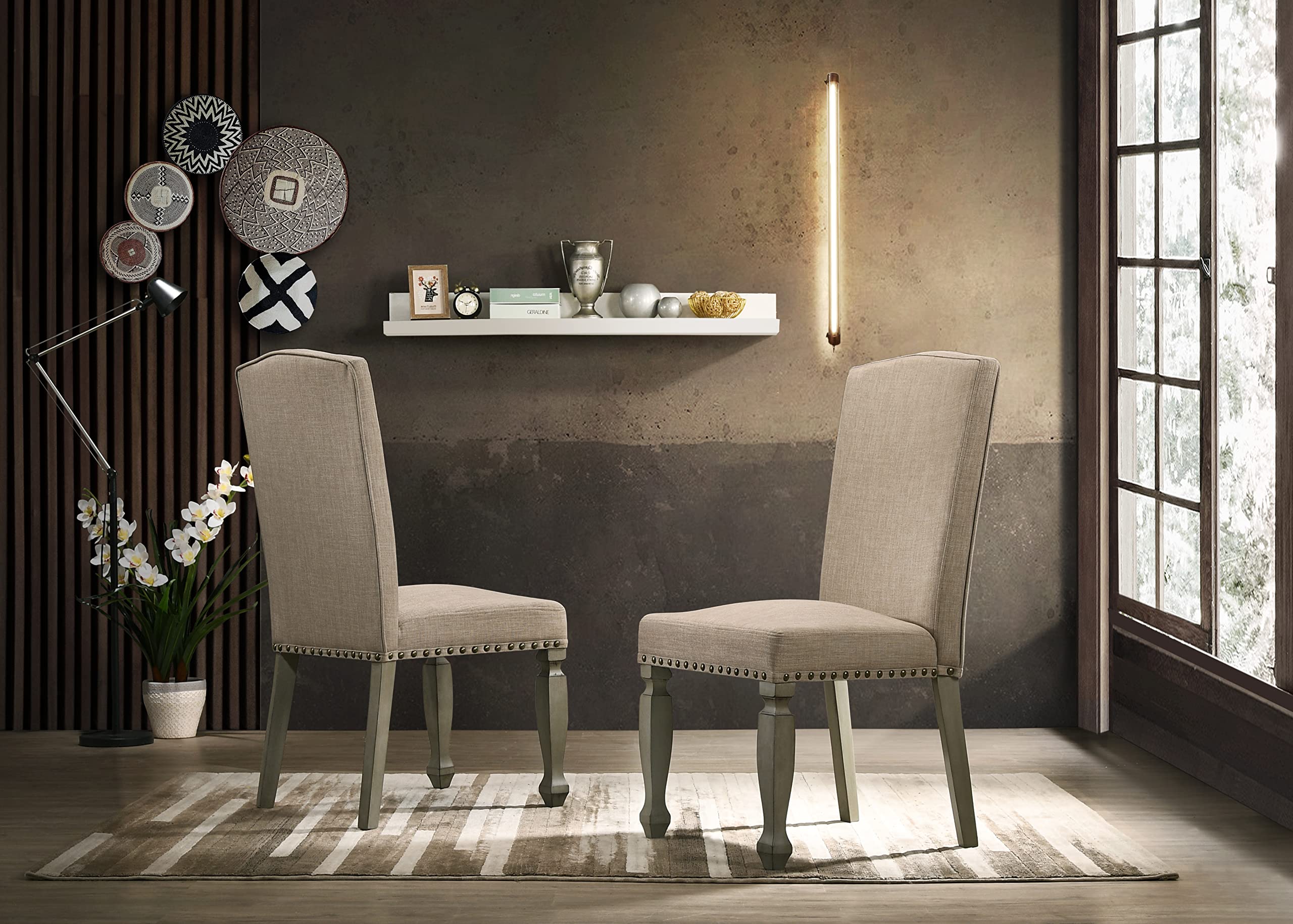 Roundhill Furniture Breda Upholstered Nailhead Dining Chairs - Set of 2, Antique Gray - Elegant Dining Room Seating for Home, Restaurant or Office Use