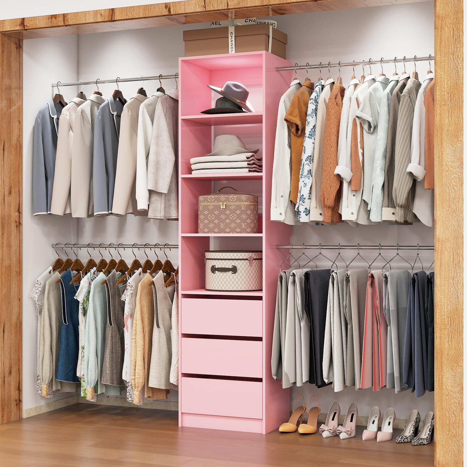 Custom Closet Organizer System 5-8FT with Drawers & Hanging Rods for Walk-in Closets (Pink)