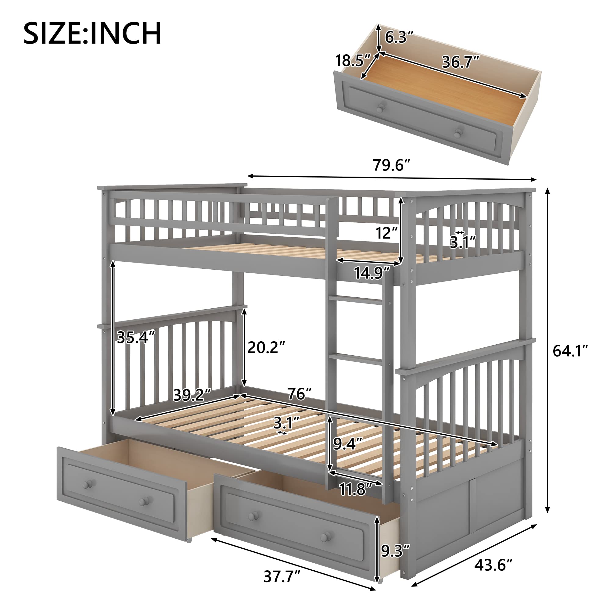 Harper & Bright Designs Twin Over Twin Bunk Bed with Storage Drawers, Solid Wood Bunk Bed Frame in Gray - Perfect for Kids' Bedroom, Guest Room & Space-Saving Solutions