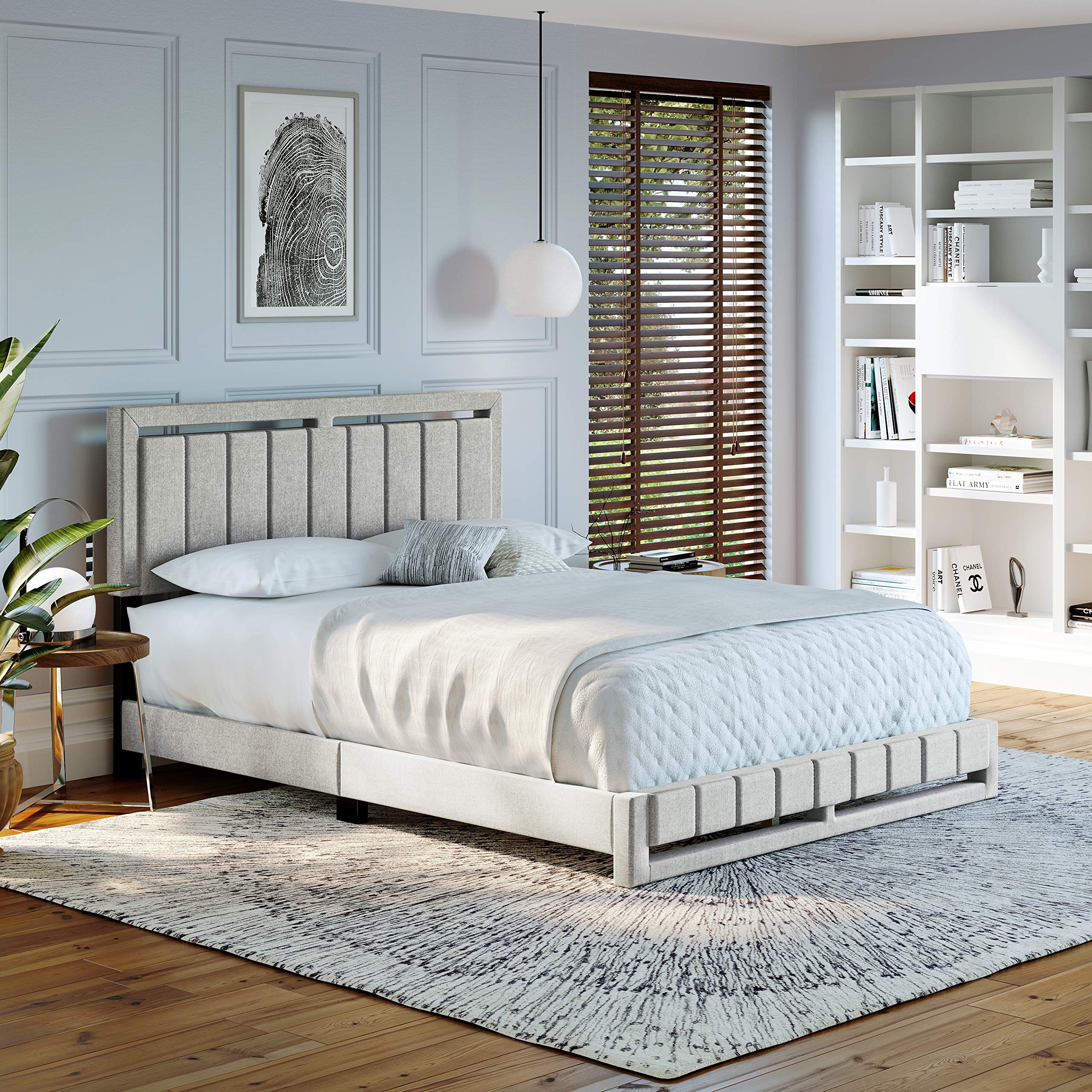 Boyd Sleep Beaumont Upholstered King Size Platform Bed with Headboard - 14 Wood Slat Support Mattress Foundation, No Box Spring Needed, White Linen Fabric - Perfect for Master Bedroom & Guest Room