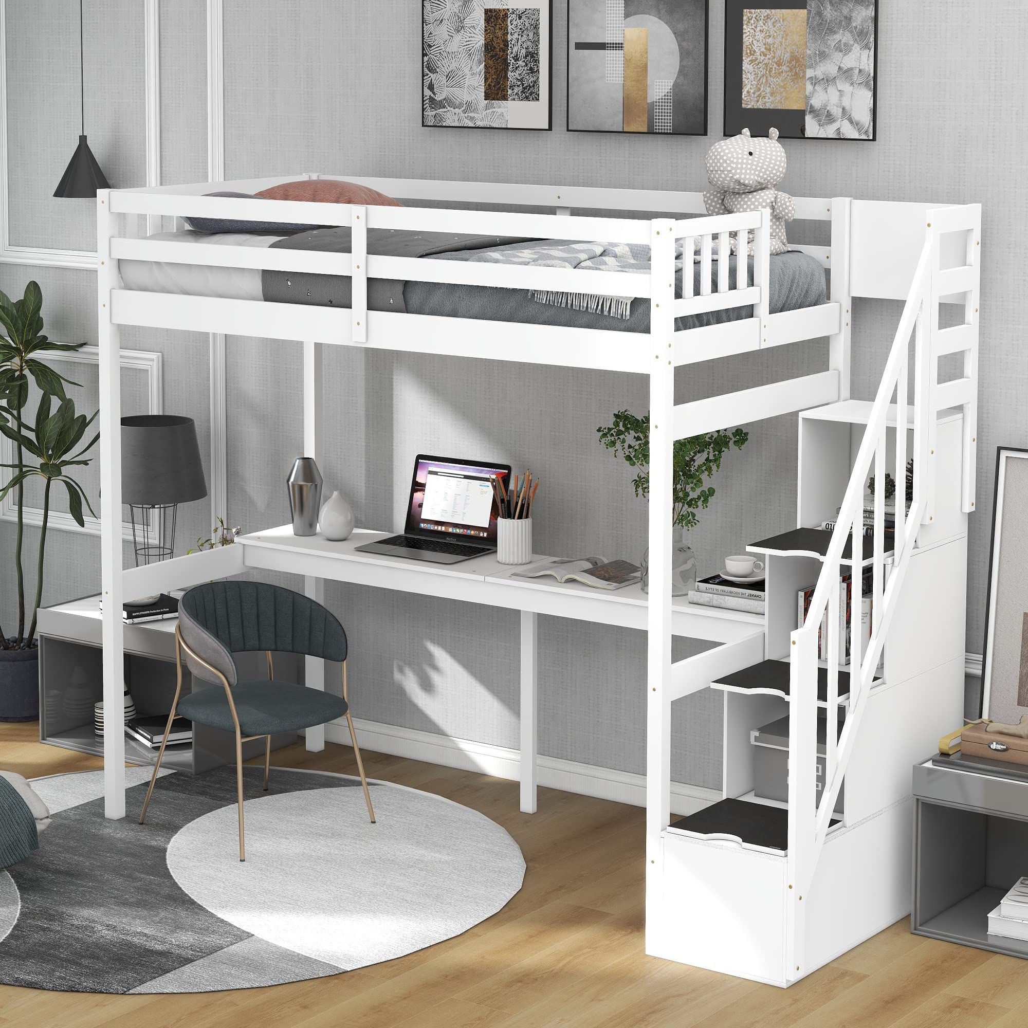Twin Loft Bed with Desk and Storage - Sturdy Wood Loft Bed Frame with Staircase for Kids, Boys, Girls & Teens - White - Perfect for Small Bedrooms, Dorm Rooms & Kids' Spaces