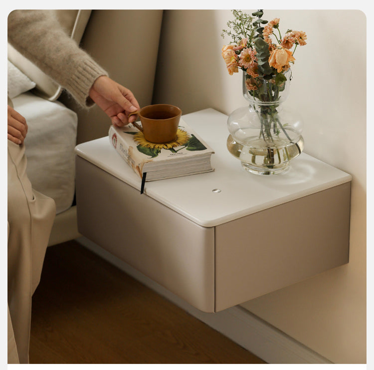 Organic Leather Floating Nightstand - Wall Mounted Cream Rock Board Shelf for Bedroom, Living Room & Office - Modern Minimalist Storage Solution