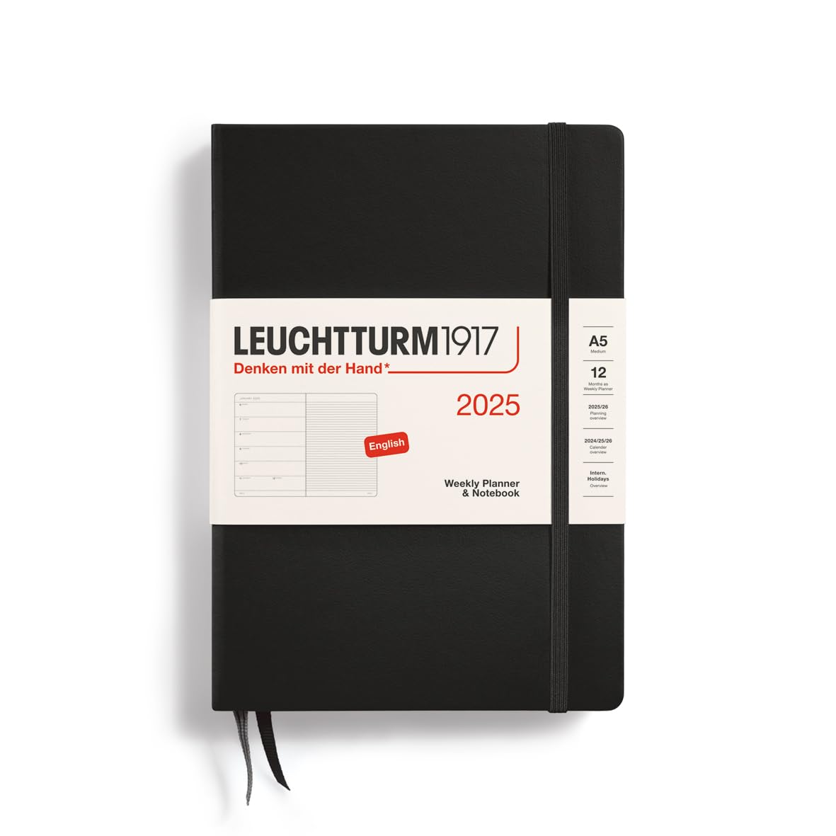 LEUCHTTURM1917 2025 Weekly Planner & Notebook - A5 Hardcover Calendar Organizer (Jan-Dec 2025) - Perfect for Work, School & Personal Productivity | Black Cover