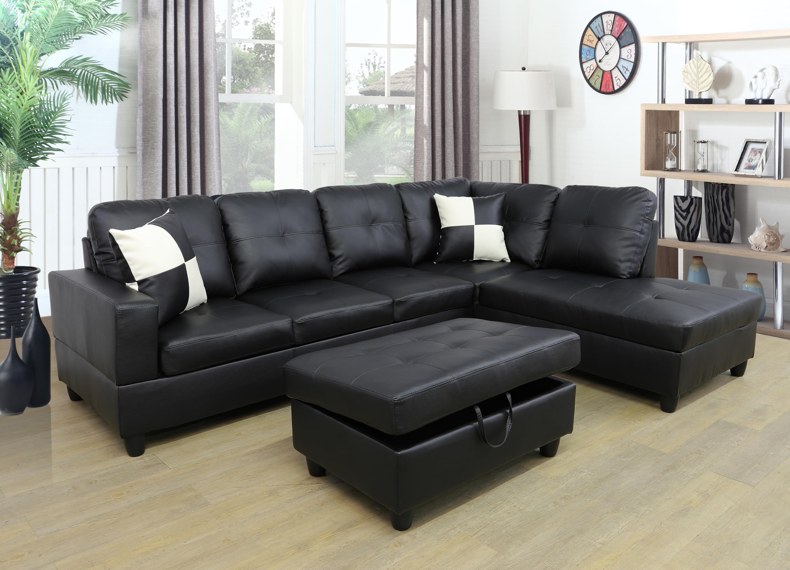 105 Inch Black Faux Leather Sectional Sofa Set with Storage Ottoman - 3 Piece L-Shaped Couch for Living Room, Right Chaise Facing | Modern Home Furniture for Small Spaces & Family Gatherings