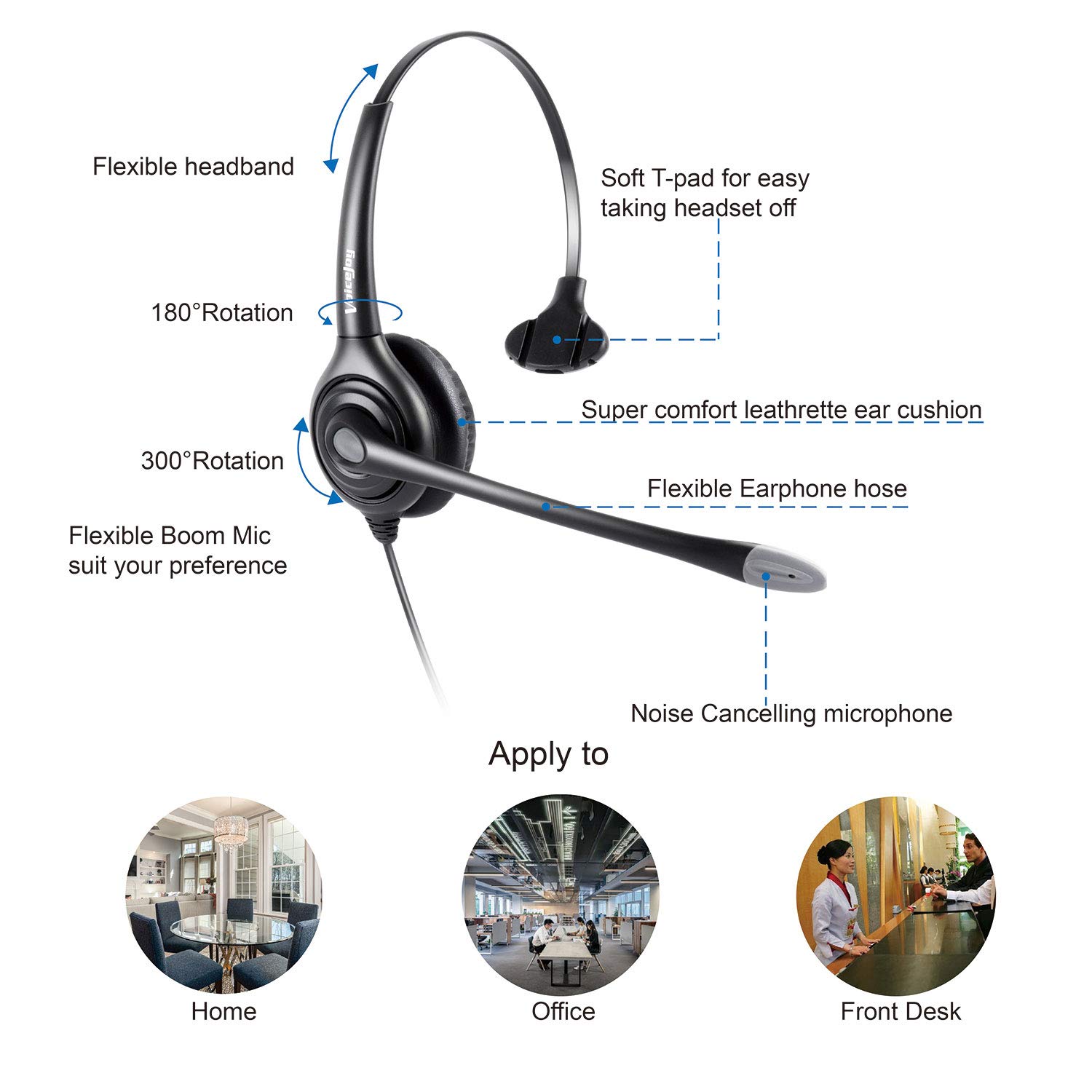 VoiceJoy Monaural Headset with Noise Cancelling Microphone | QD Quick Disconnect | Compatible with Plantronics | Perfect for Call Centers, Office Work & Customer Service