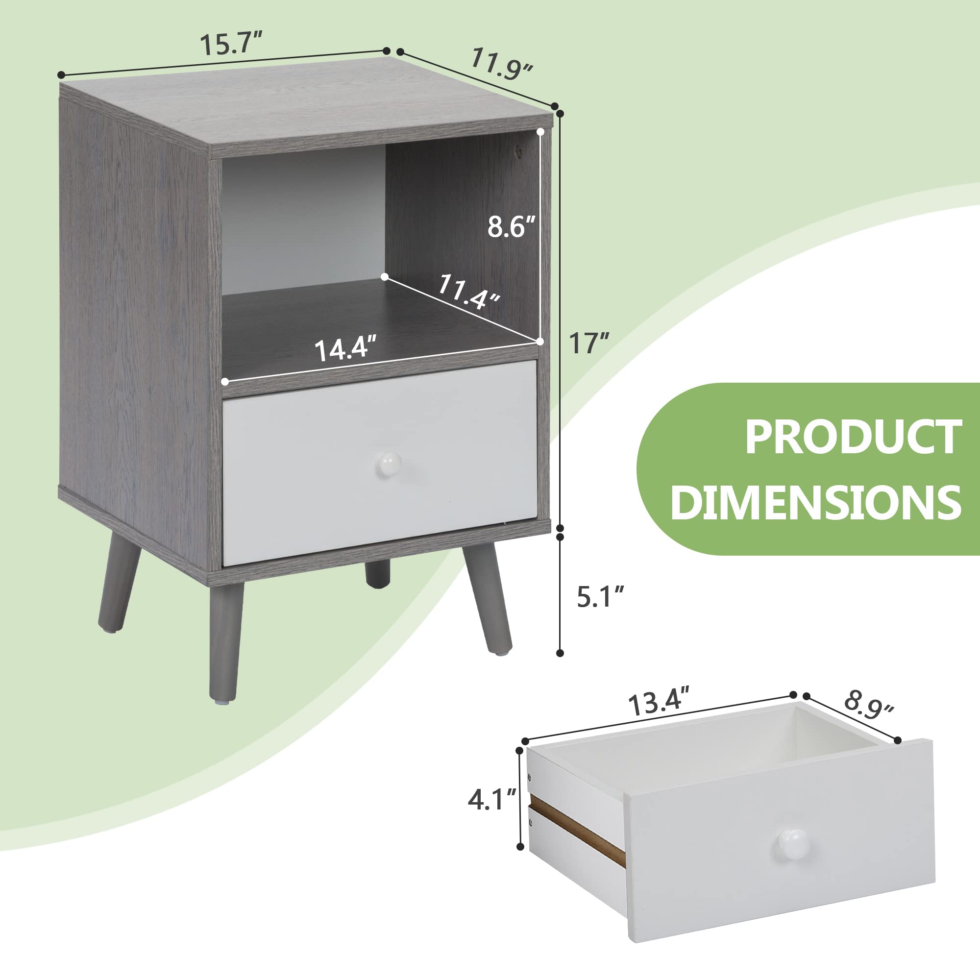 JAXPETY Nightstands Set of 2 - Modern Bedside Tables with Drawer & Open Shelf, Solid Wood Legs, End Table or Side Table for Bedroom (2-Pack, Grey) | Perfect for Small Spaces, Guest Rooms & Apartment Living