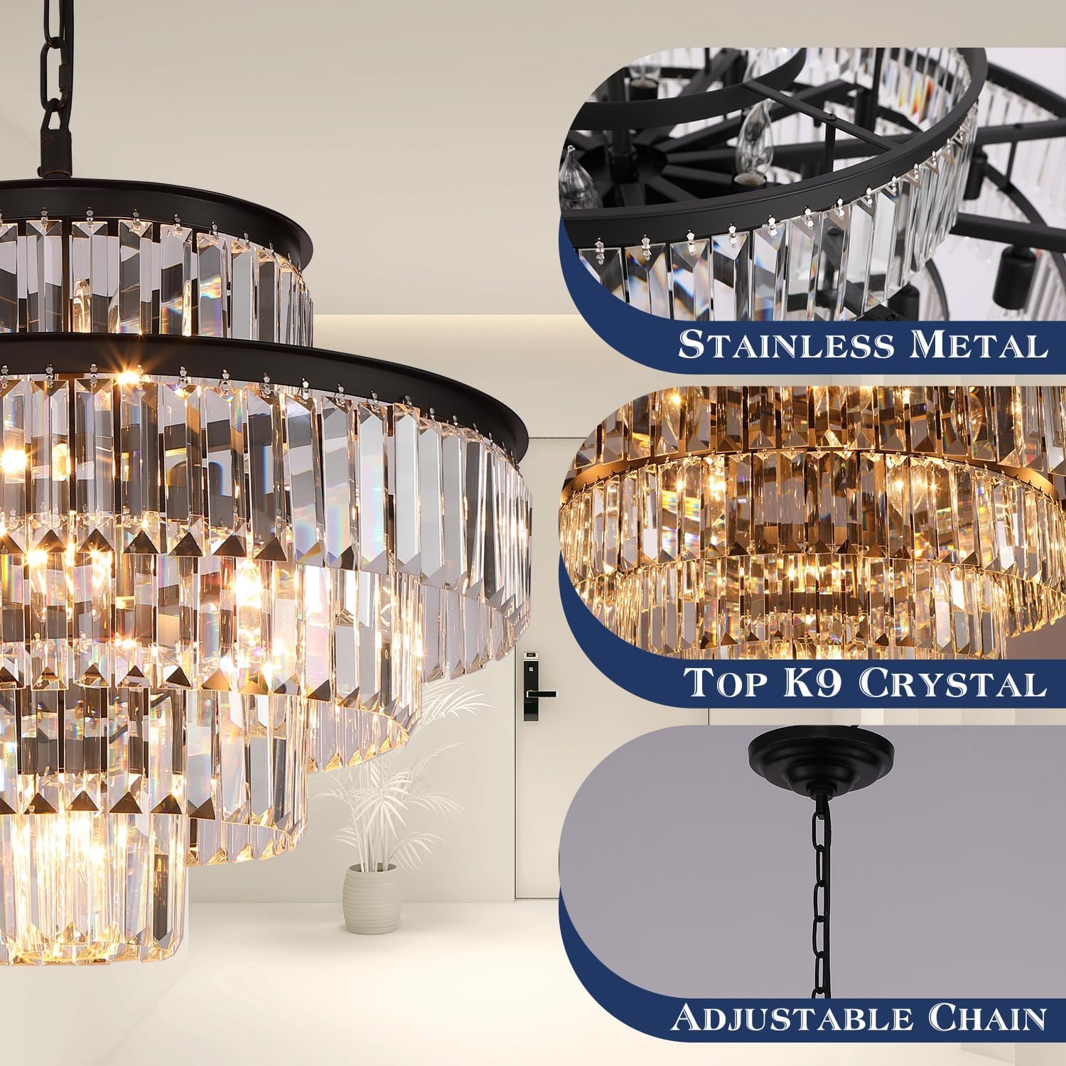 Modern Black Crystal Chandelier - 13-Light Pendant Ceiling Light Fixture (24 Inch Diameter) for Dining Room, Living Room, Foyer & Hallway - Elegant Lighting for Home Decor & Special Occasions