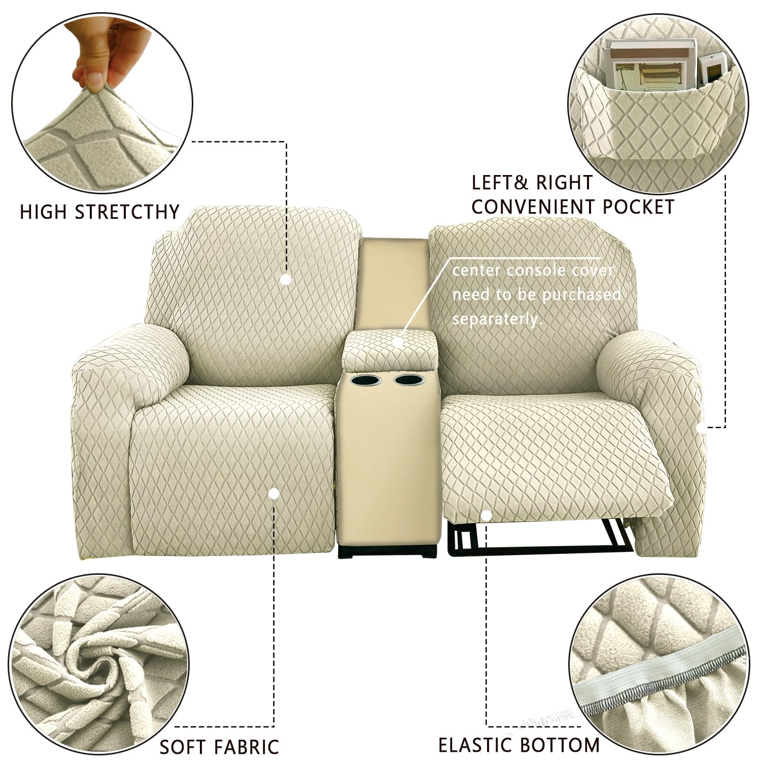 2 Seater Recliner Sofa Cover Protector - Thick Jacquard Slipcover with Pockets for Loveseat & Couch - Beige Furniture Protector for Living Room, Bedroom, and Home Theater Use