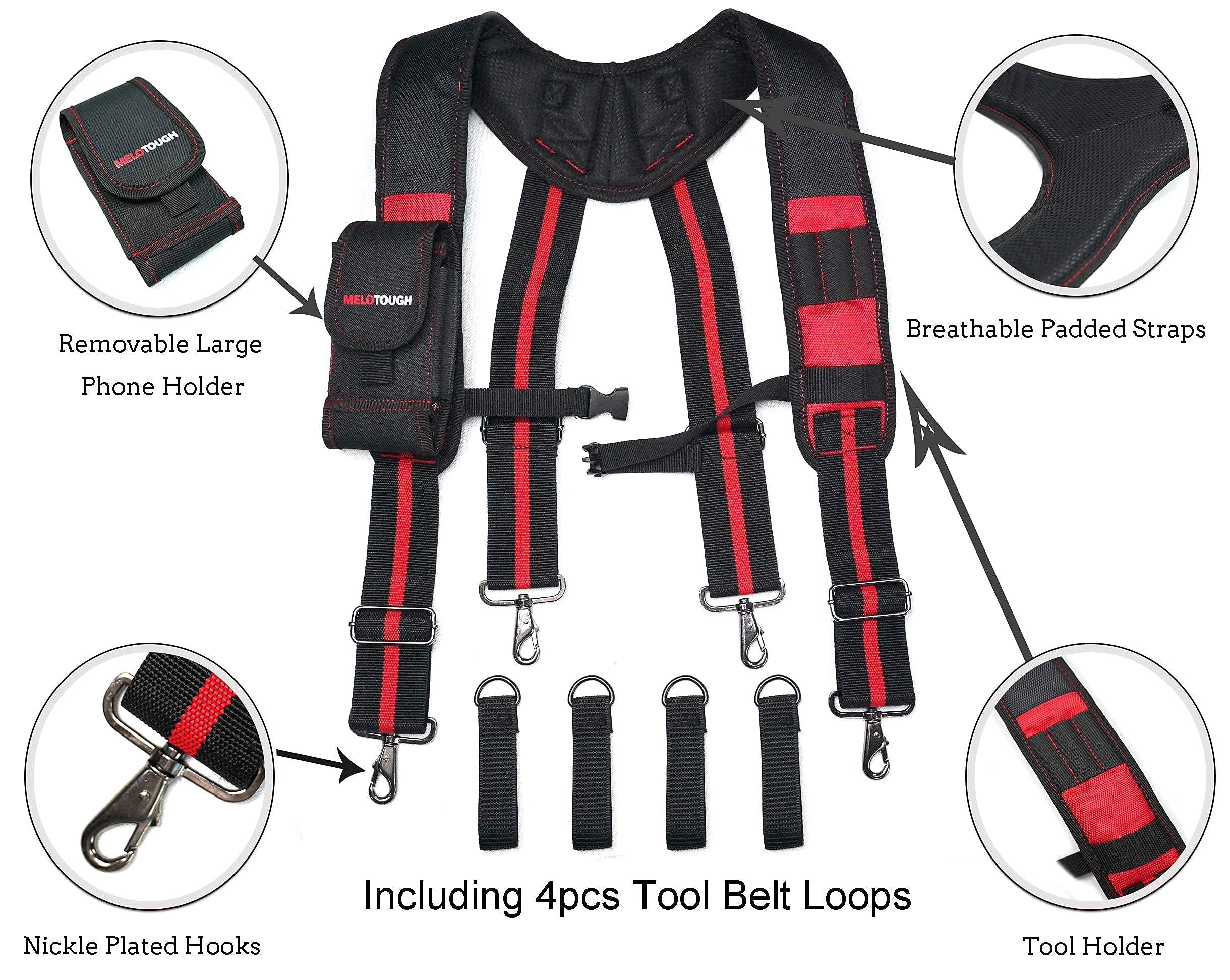 Durable MELOTOUUGH Construction Tool Belt Suspenders with Padded Belt, D-Ring & Heavy-Duty Double Metal Roller Buckle - Ideal for Carpentry, Roofing & General Contracting Work