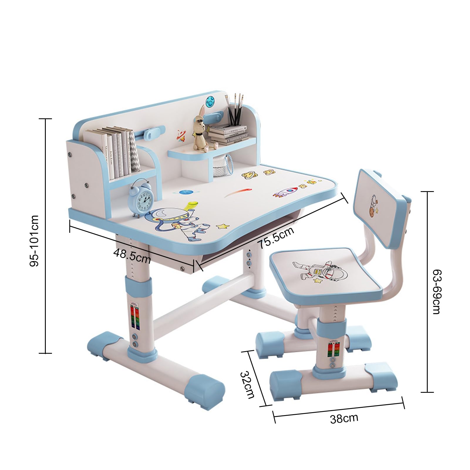 Adjustable Kids Study Desk and Chair Set with Cartoon Design - Ergonomic Children's Writing Table with Bookshelf & Storage, Perfect for Homeschooling & Online Learning