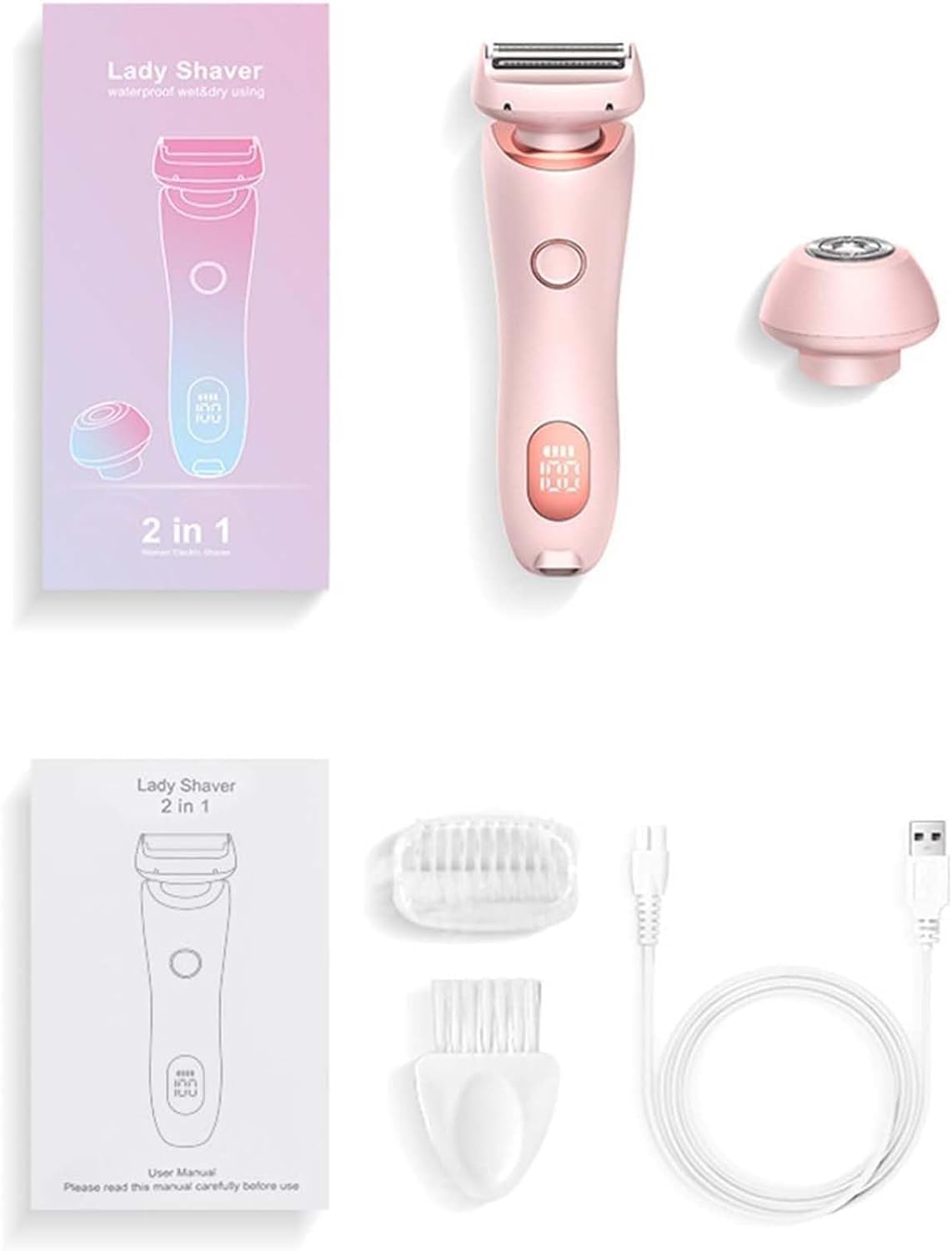 Modira Mermaid Shaver - Waterproof 2-in-1 Electric Razor for Women, Painless Hair Removal for Legs, Underarms & Bikini Area, Rechargeable Cordless Shaver with LED Light (Pink) - Perfect for Travel, Gym & Beach Use