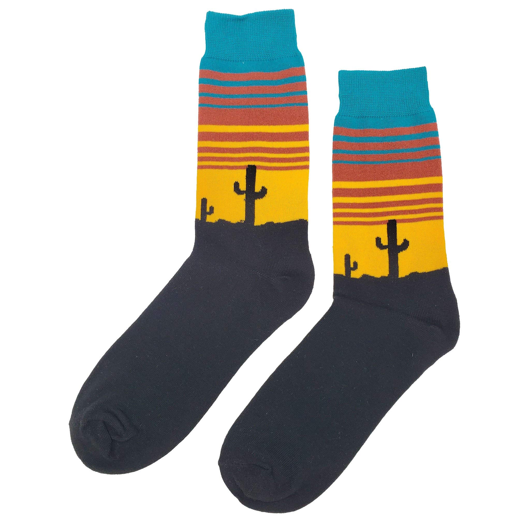 Funny Cactus Sunset Socks for Men - Colorful Novelty Crew Socks Size 8-12 - Cotton Casual Funky Fancy Gift Socks - Perfect for Gifts, Parties & Everyday Wear