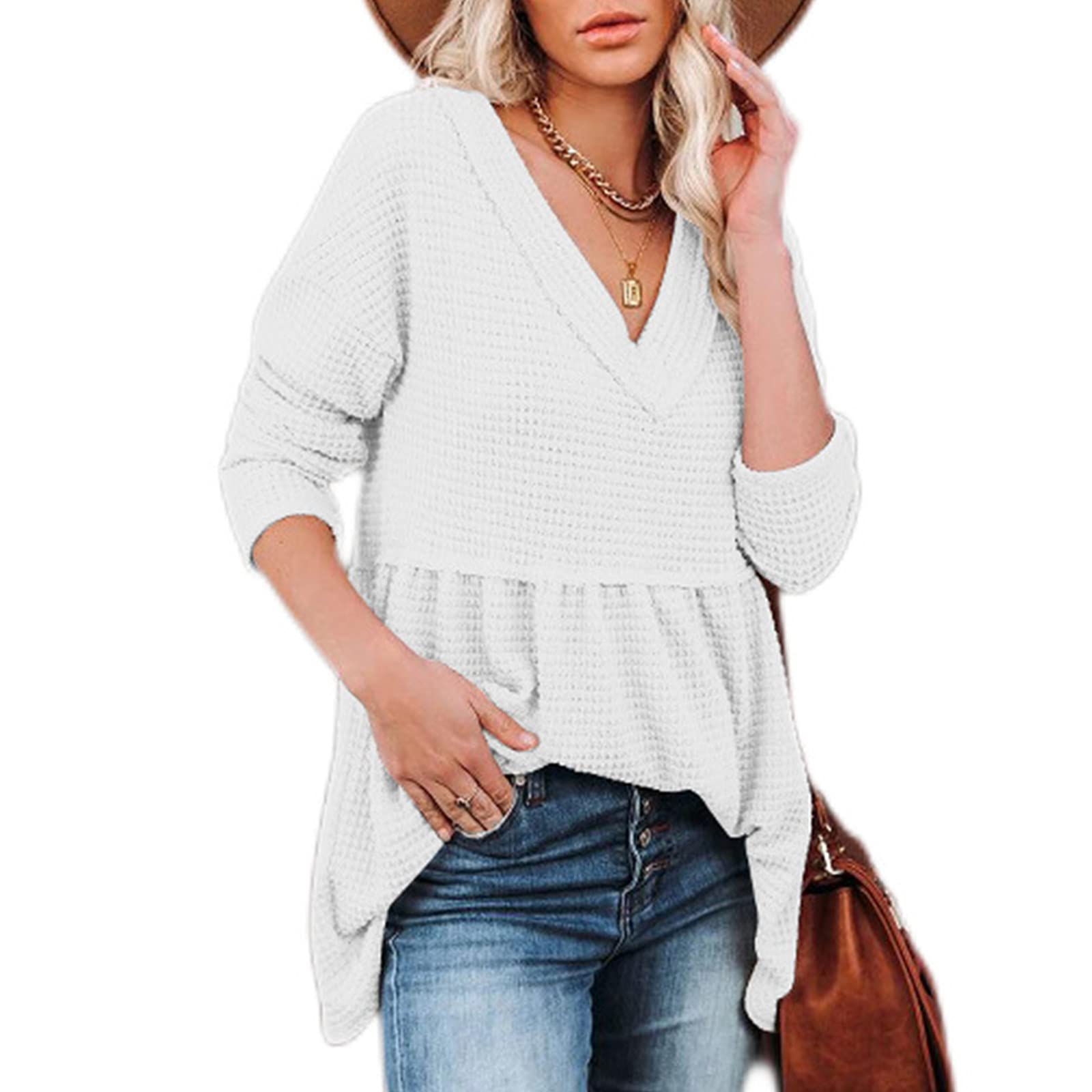 Women's V-Neck Puff Sleeve Sweater Top - Soft Dot Waffle Knit Pullover Blouse (Short/Long Sleeve) | Lightweight Comfort for Work, Date Night & Casual Outfits