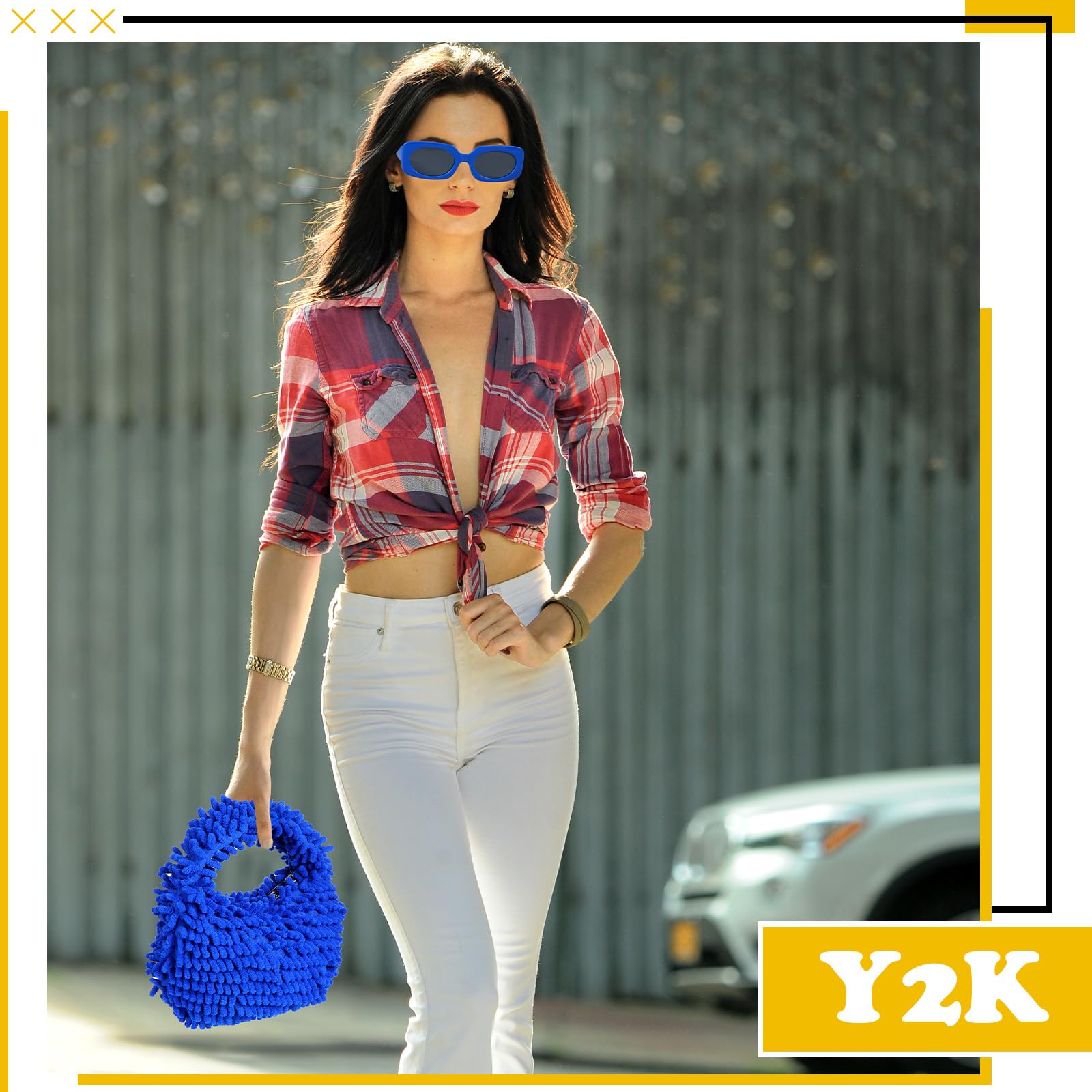 Kanayu 2-Piece Women's Neon Fuzzy Tote Bag & Retro Square Sunglasses Set - Trendy Accessories for Beach, Shopping, and Summer Outfits