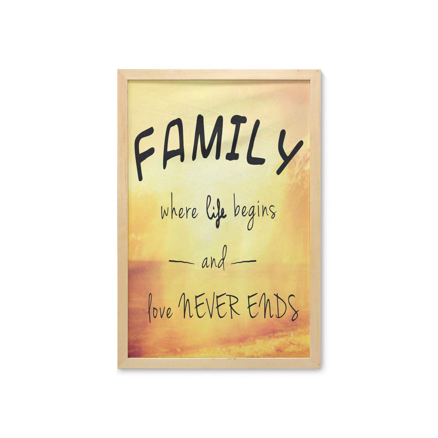 Ambesonne Framed Family Wall Art - Inspirational Quote About Love & Life on Dreamy Backdrop, Printed Fabric Poster 23