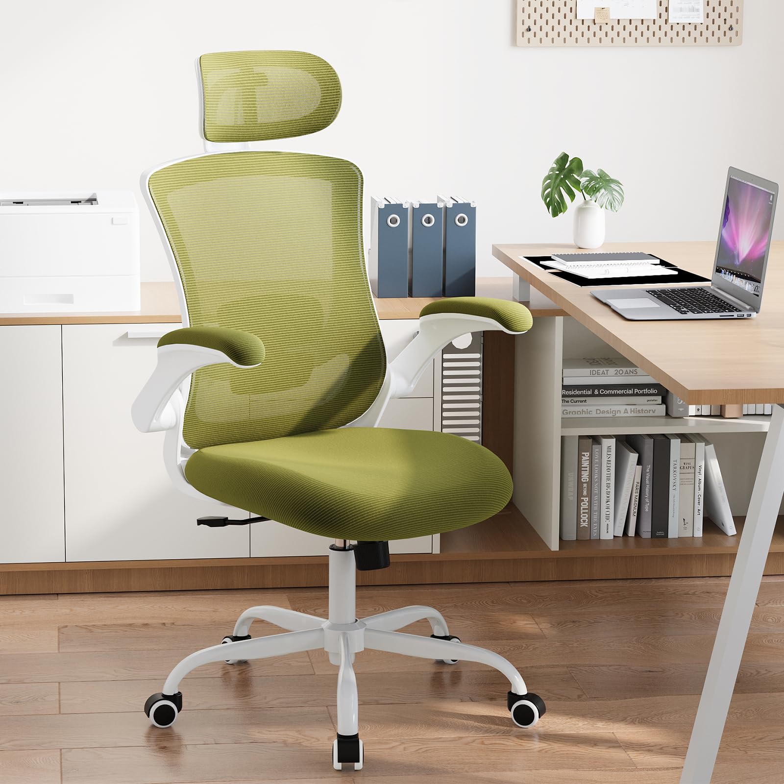 Ergonomic Office Chair with Adjustable Lumbar Support & Headrest - High Back Mesh Computer Desk Chair with Flip-Up Armrests - Breathable & Comfortable for Home Office, Gaming & Study - Green - Perfect for Long Work Hours & Remote Work