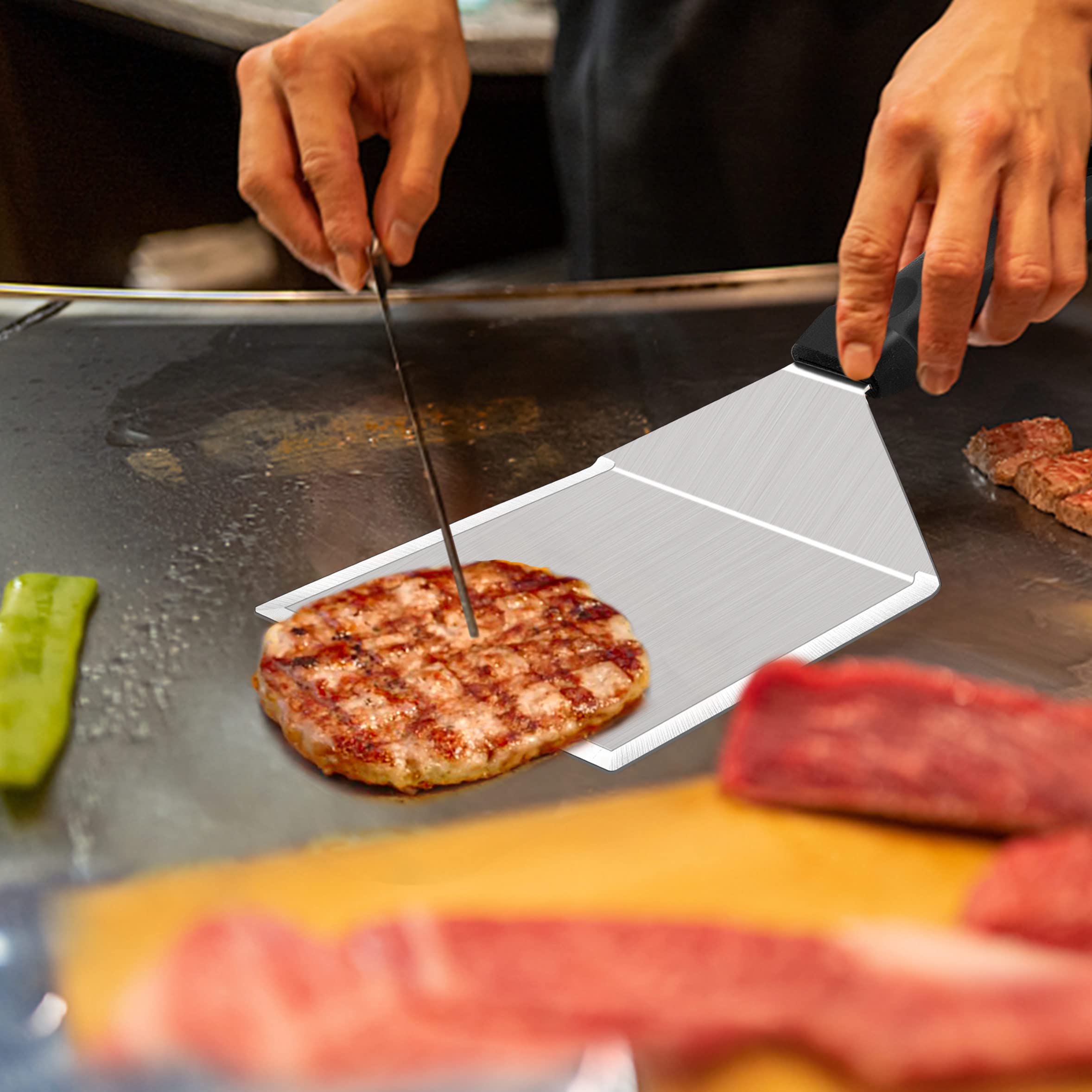 Leonyo 5-Inch Wide Stainless Steel Smash Burger Spatula - Heavy Duty Metal Grill Spatula for Hamburgers, Pancakes & Teppanyaki - Perfect for Outdoor BBQ, Flat Top Griddles & Home Kitchen Cooking