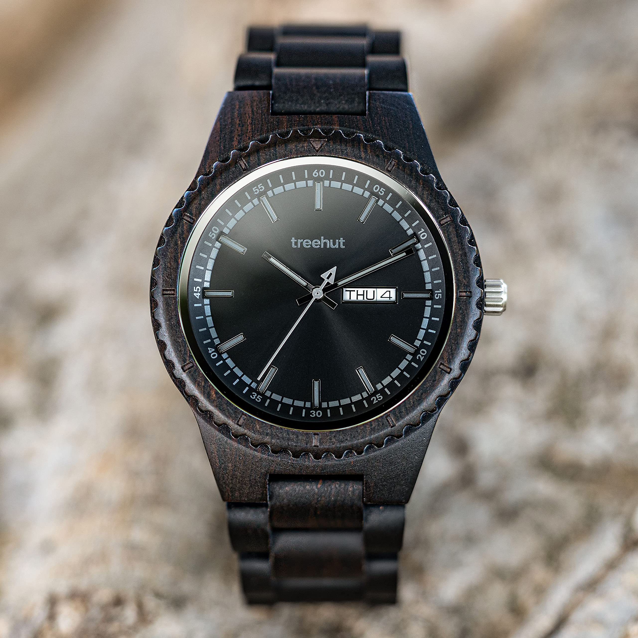 Men's Wooden Watch - Japanese Quartz Movement, Ebony Wood Strap - Stylish & Durable for Outdoor & Office