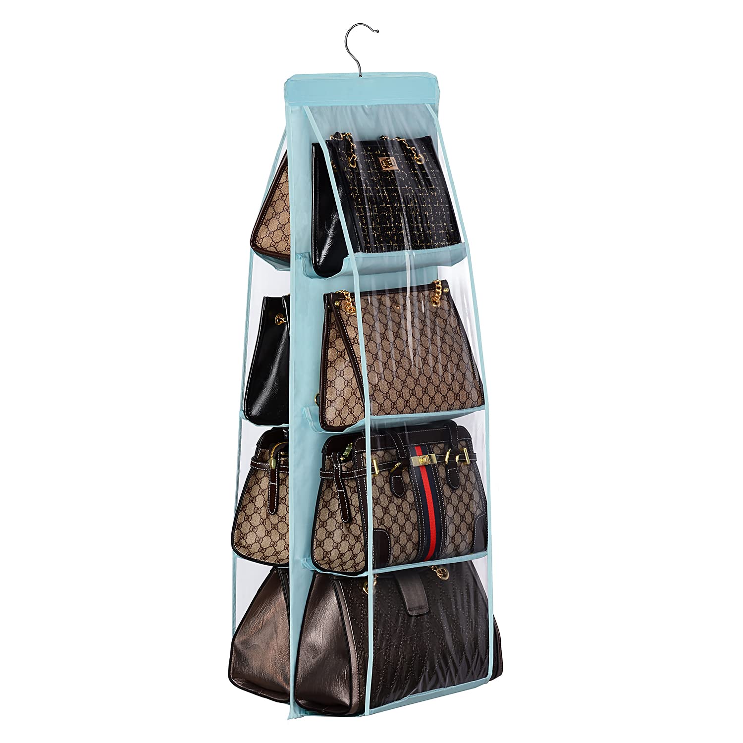 Lirex 8-Pocket Handbag Hanger Organizer - Foldable Purse Storage for Closet | Oxford Cloth Hanging Organizer for Bedroom & Family Closet | Universal Fit | Light Blue | Perfect for Small Space Organization & Travel Storage