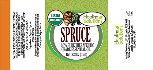 Healing Solutions Organic Spruce Essential Oil - 0.33 oz (10ml) Pure, Undiluted Spruce Oil for Aromatherapy, Massage & DIY Skincare