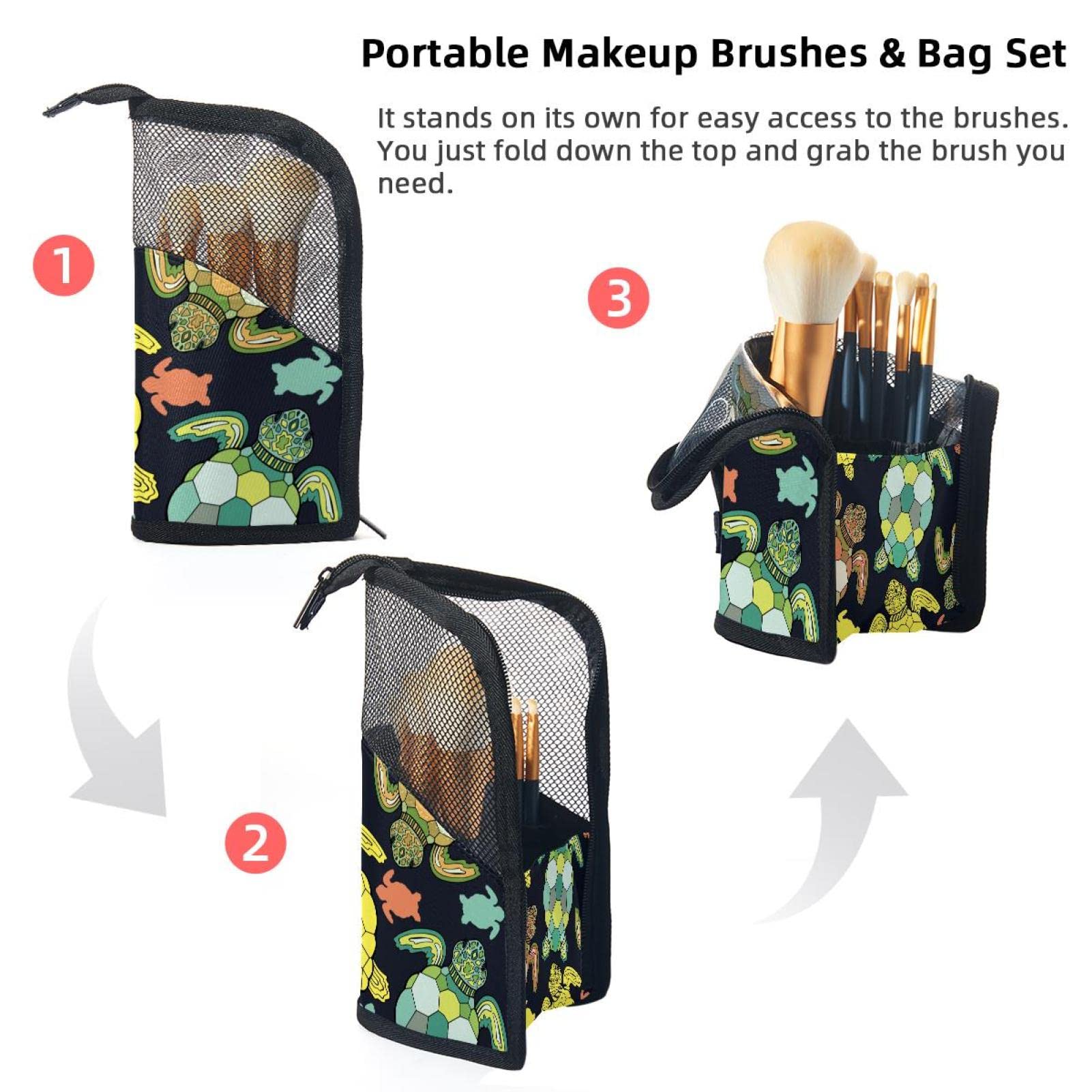 12-Piece Makeup Brush Organizer Bag with Ethnic Sea Turtle Design - Portable Travel Cosmetic Brush Holder Case for Professional Makeup Artists & Beauty Enthusiasts - Perfect for Travel, Home Storage & Salon Use