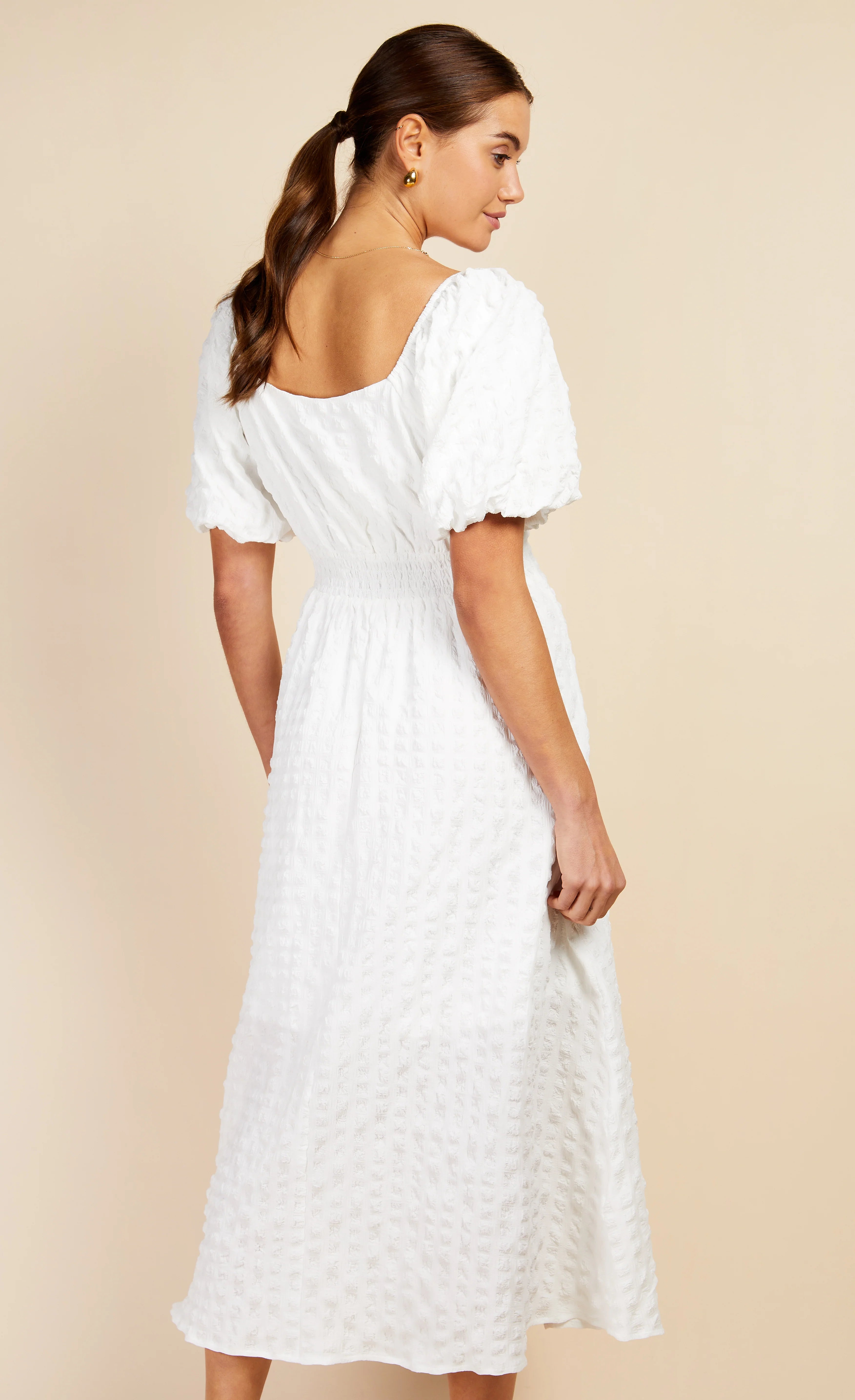 Diana Textured Puff Sleeve Midaxi Dress - Elegant White Midi Dress for Women | Perfect for Weddings, Parties & Special Occasions