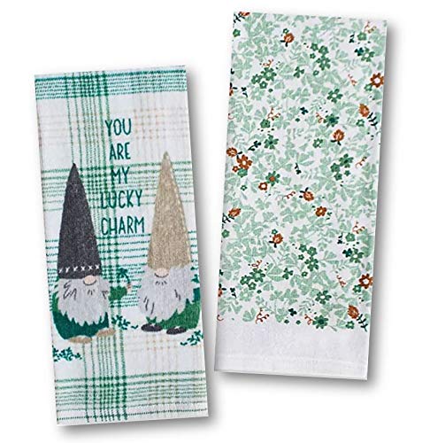 St. Patrick's Day Cotton Kitchen Dish Towels Set of 2 - Lucky Charm Gnome Floral Design for Irish Decor, Pot Holders & Holiday Kitchen Accessories