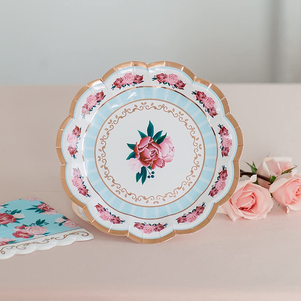 WEDDINGSTAR 8-Pack Small Round Disposable Paper Plates for Wedding, Baby Shower & Tea Party - Elegant Floral Design - Perfect for Bridal Showers, Garden Parties & Birthday Celebrations