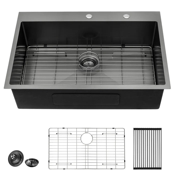 Lordear Stainless Steel Gunmetal Black Drop-in Single Bowl Kitchen Sink - Durable & Stylish for Modern Kitchens, Perfect for Food Prep & Dishwashing
