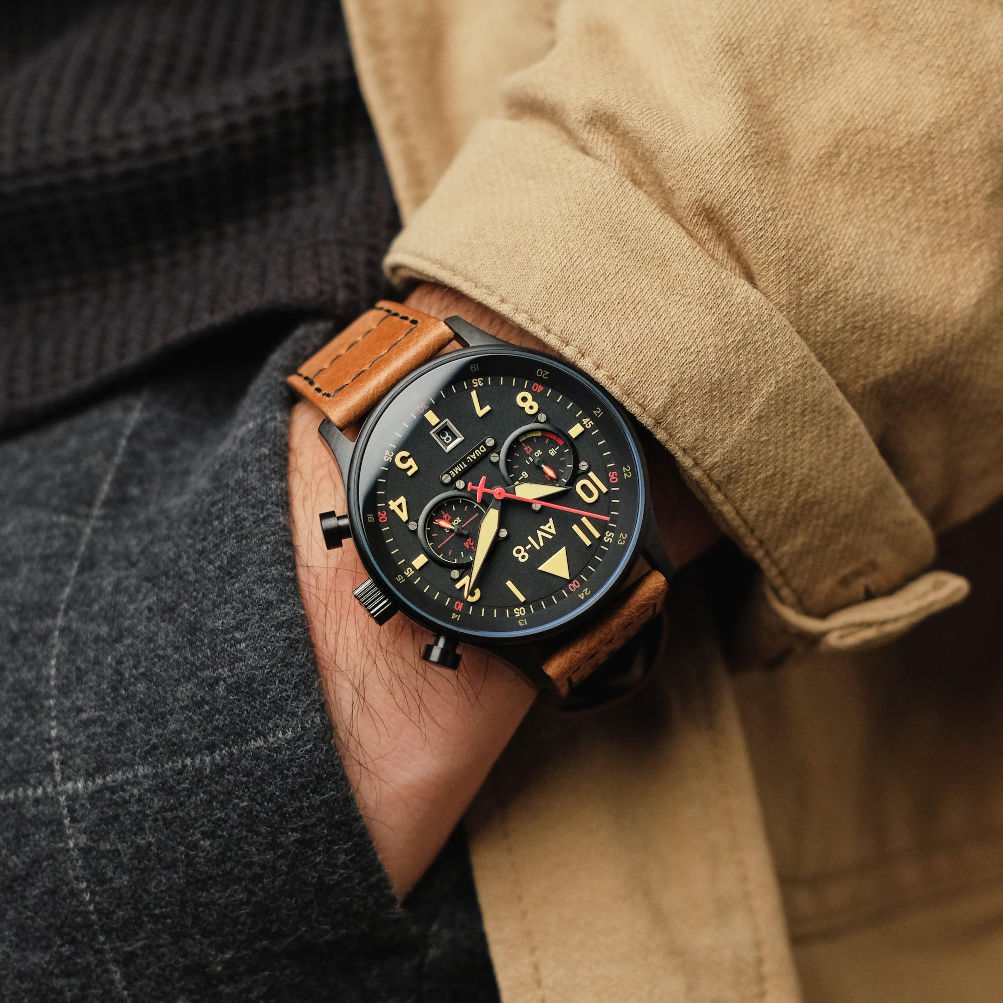 AVI-8 Men's 43.5mm Hawker Hurricane Carey Dual Time Japanese Quartz Pilot Watch with Leather or Stainless Steel Strap AV-4088 - Perfect for Aviation Enthusiasts, Business Travel & Everyday Wear