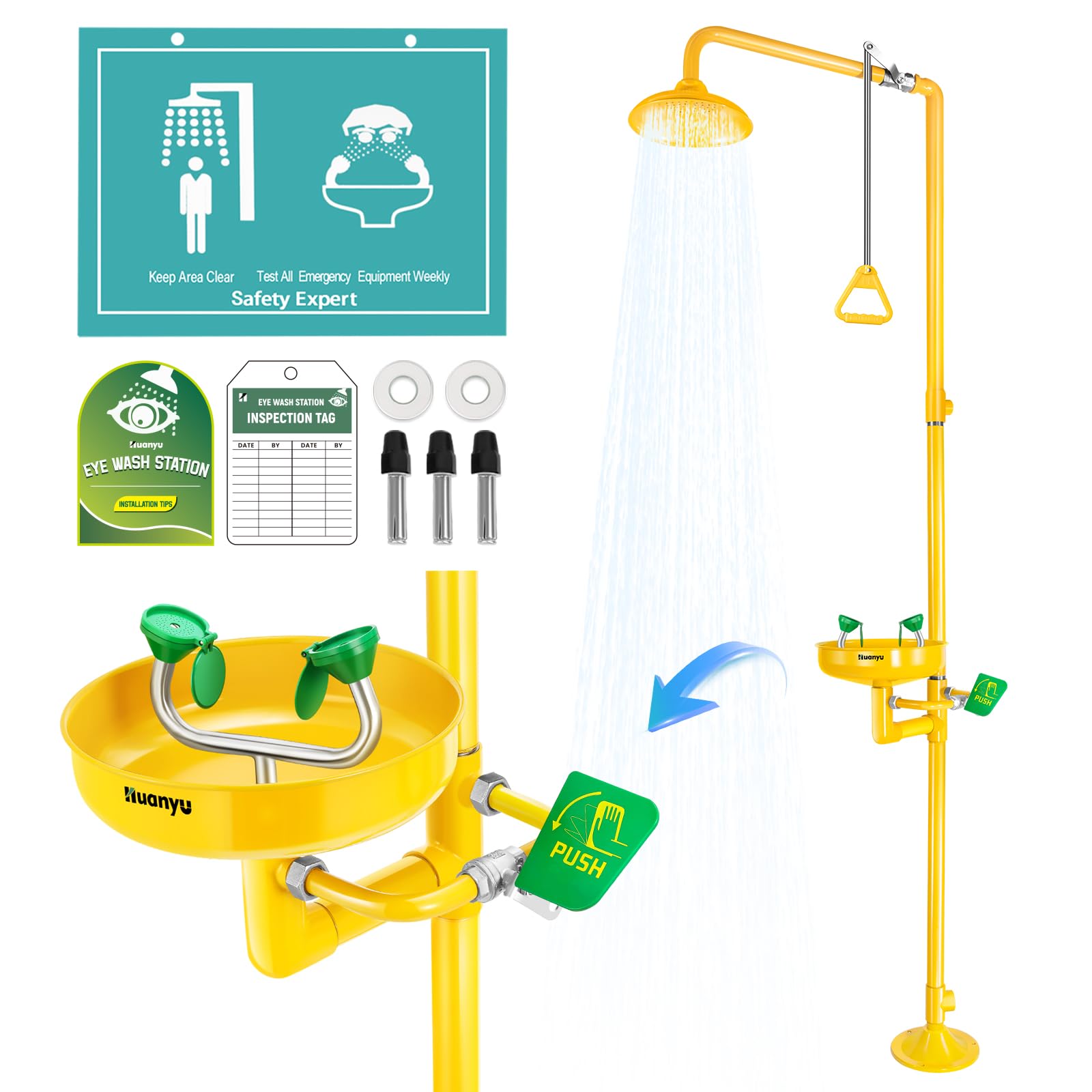 Huanyu 304 Stainless Steel Emergency Shower & Eyewash Station - Commercial Safety Shower Kit with Widened Deepened Basin & Emergency Sign for Hospitals, Factories, Labs (1107Y) - Ideal for Workplace Safety & Chemical Spill Protection