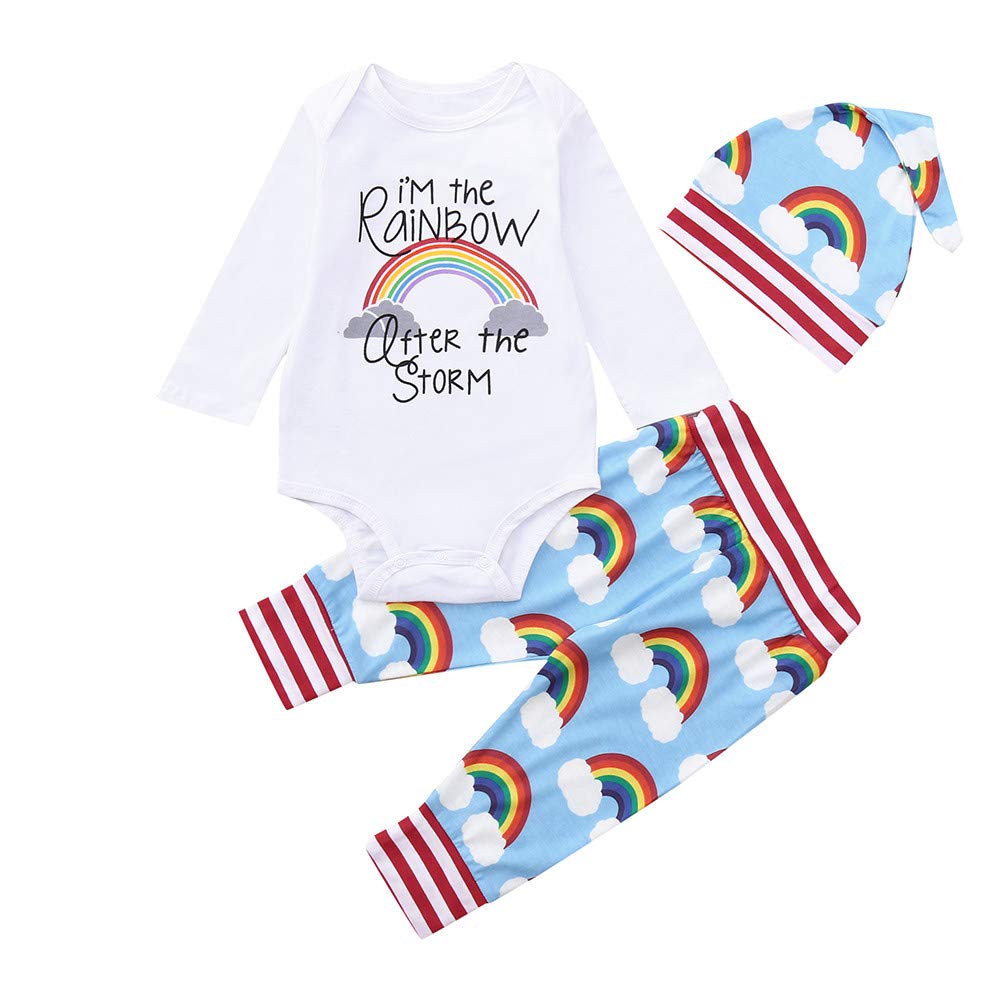 Newborn Baby Girl Boy Rainbow Romper Outfit Set - Soft Cotton Jumpsuit with Pants & Hat - Fall Winter Clothing (White, 0-3 Months) - Perfect for Photoshoots, Family Gatherings & Daily Wear