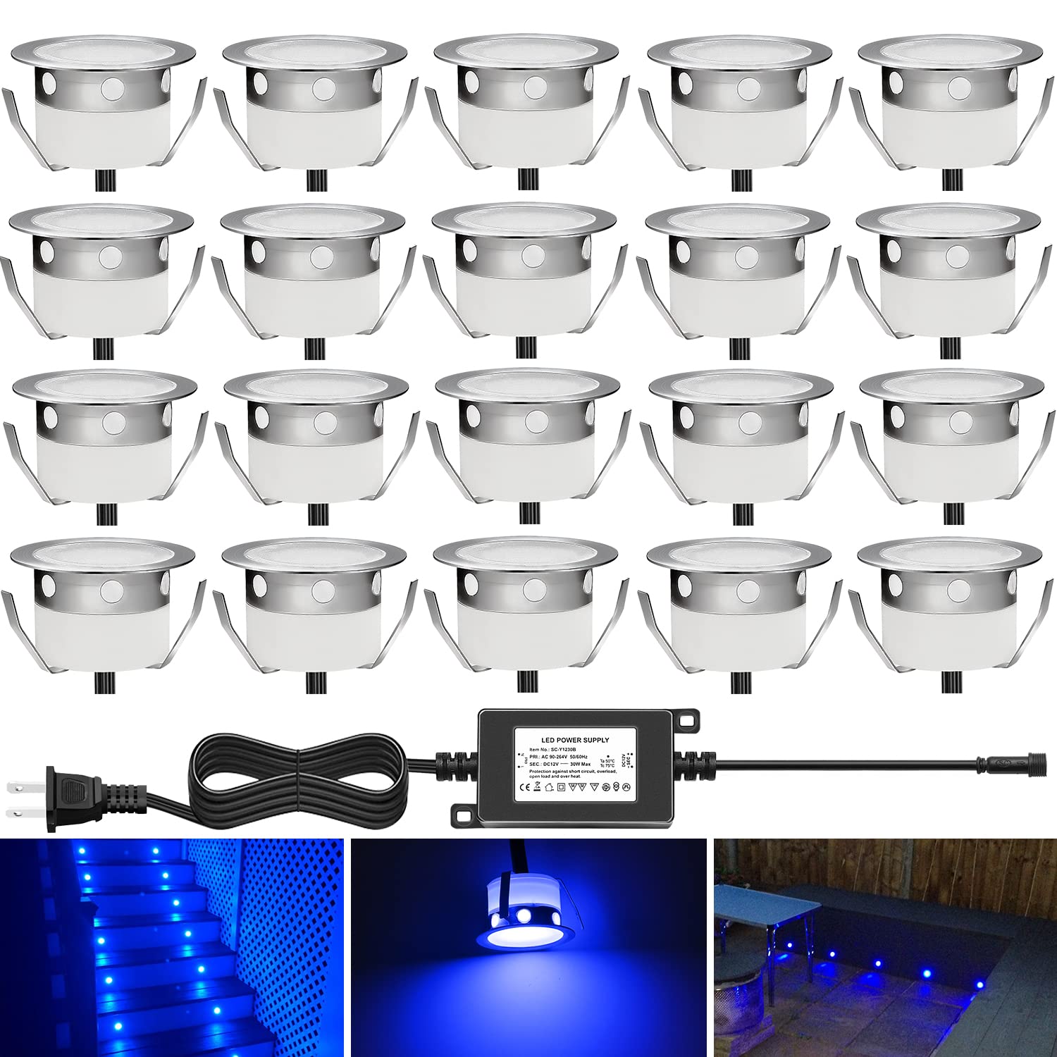 20pcs Recessed LED Deck Lighting Kits 12V Low Voltage Φ30mm Waterproof IP67 - Blue LED In-Ground Lights for Steps, Stairs, Patio, Floor, Pool Deck, Kitchen & Outdoor Landscape Lighting | Perfect for Pathway, Garden, Driveway and Backyard Illumination