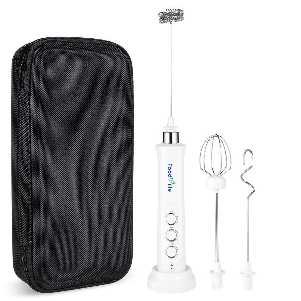 3-in-1 Rechargeable Milk Frother Handheld Foam Maker with Charging Stand & 3 Stainless Steel Whisks - Black with Travel Case - Perfect for Coffee, Latte, Hot Chocolate & Matcha at Home or Travel