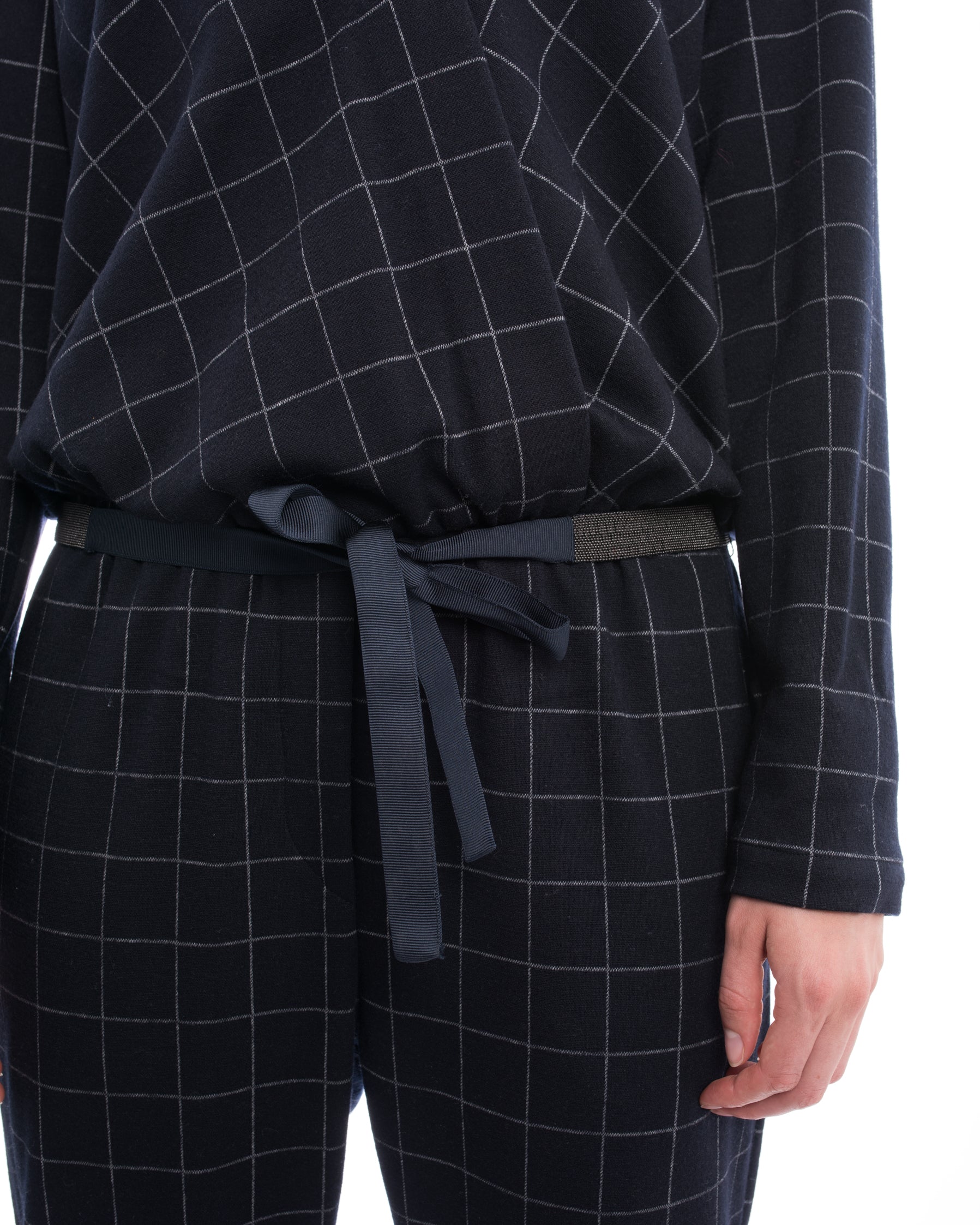 Brunello Cucinelli Navy Blue Wool Check Jumpsuit with Grey Cuffs - Size M | Women's Luxury Fashion for Office & Evening Events