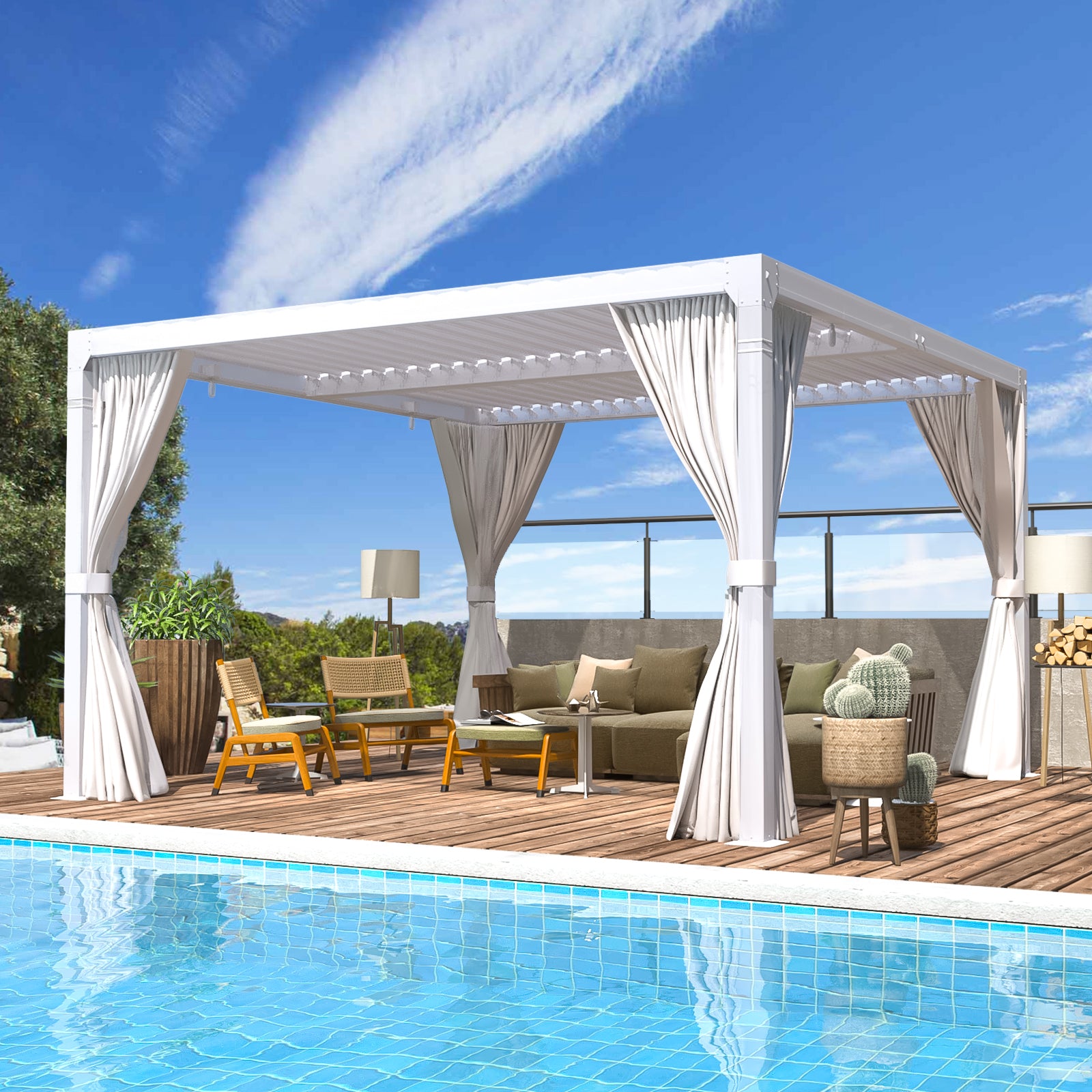 10x10 White Louvered Pergola with Waterproof Rain Cover - Outdoor Patio, Garden, Backyard Shade Solution for Deck, Poolside & BBQ Area