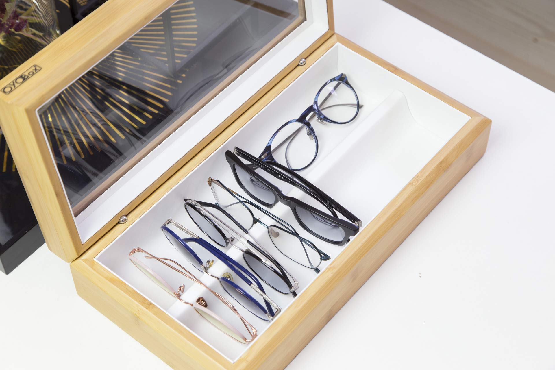 Premium Bamboo Wood Eyeglass & Sunglasses Organizer with Tech Tray - Luxury Lacquered Wood Storage Box for Glasses, Smartphones & Watches | Perfect for Home, Office & Travel Organization