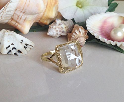 Clear Quartz Ring - April Birthstone Jewelry - Square Crown Gold Ring - Genuine Gemstone Promise Ring - Vintage Style Wedding Band for Women - Perfect for Anniversary Gifts & Everyday Elegance