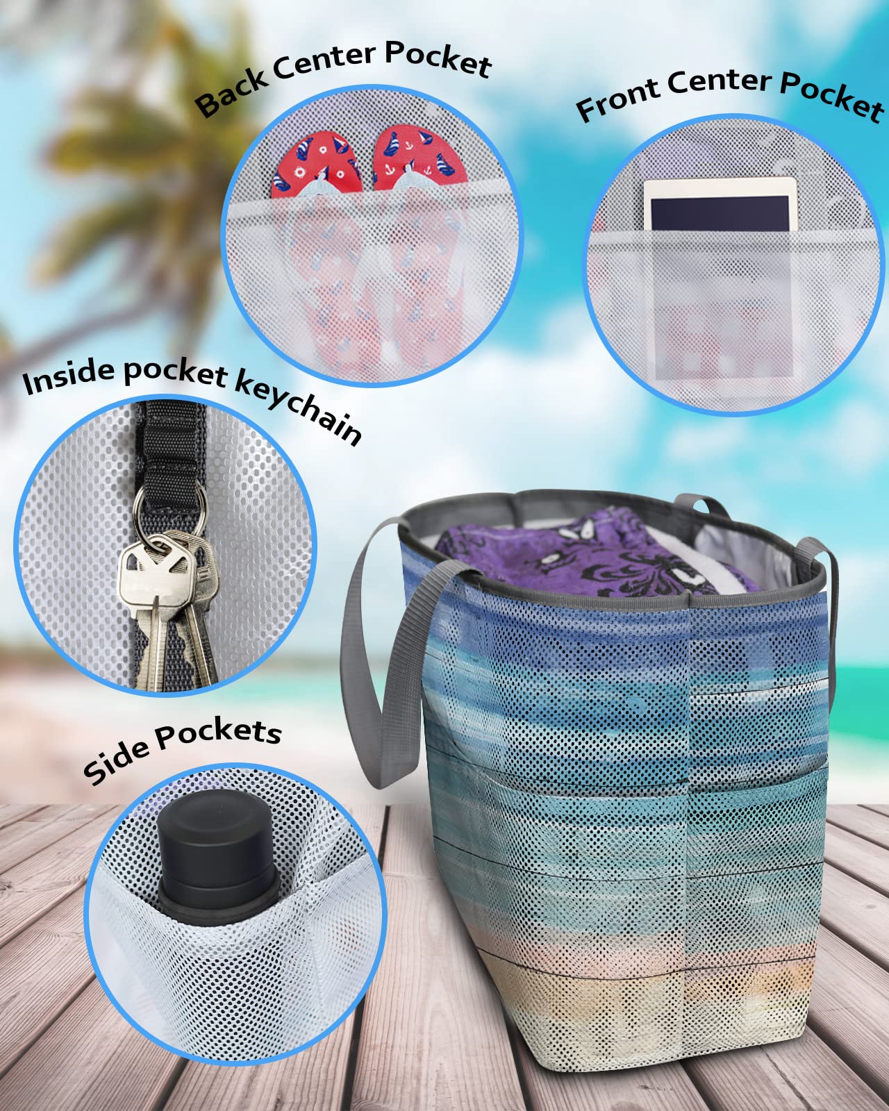 Blue Ombre Watercolor Sky Beach Tote Bag for Women - Large Waterproof Sandproof Mesh Beach Bag with Zipper & Pockets - Perfect for Summer Beach Trips, Pool Parties & Outdoor Picnics