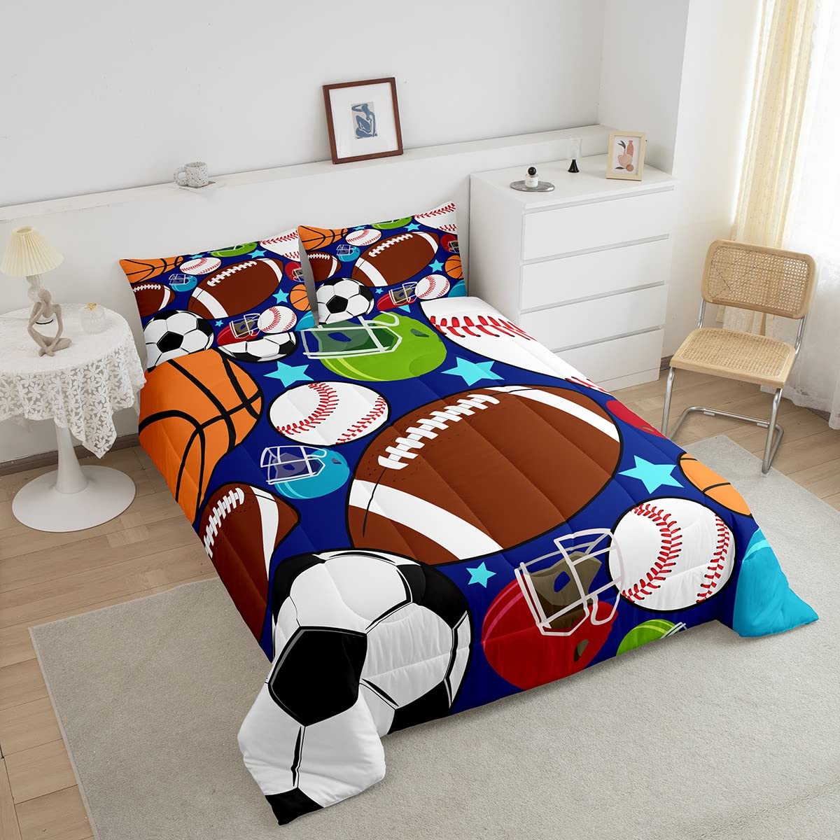 Kids Sports Comforter Set - Football, Basketball, Baseball - Queen Size with Pillowcases for Boys Bedroom