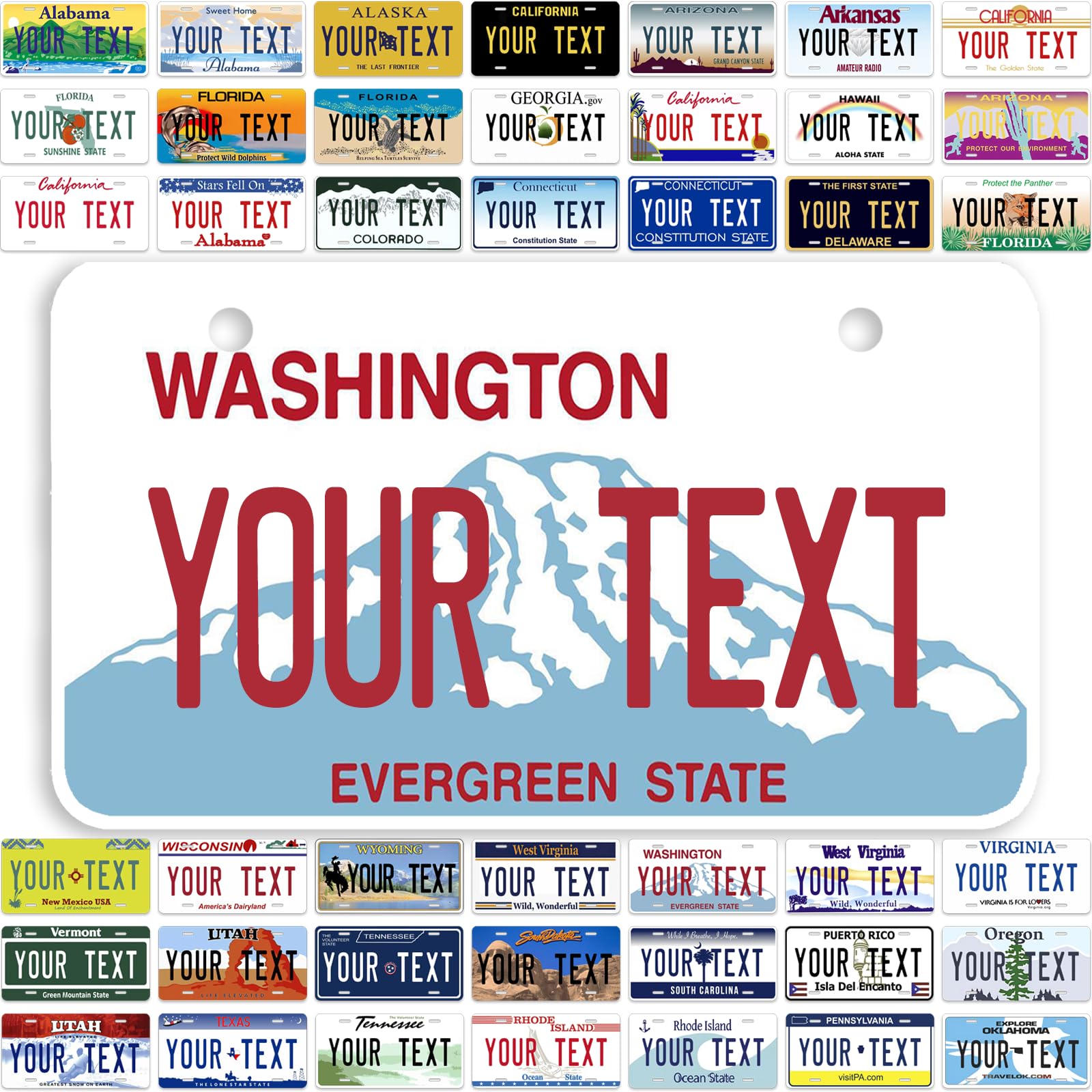 **Custom Washington License Plate - Personalized Front Car Tag for All 50 States | 4 Sizes for Kids Bike, Toy Car & Decoration - Durable & Unique Gift Idea**
