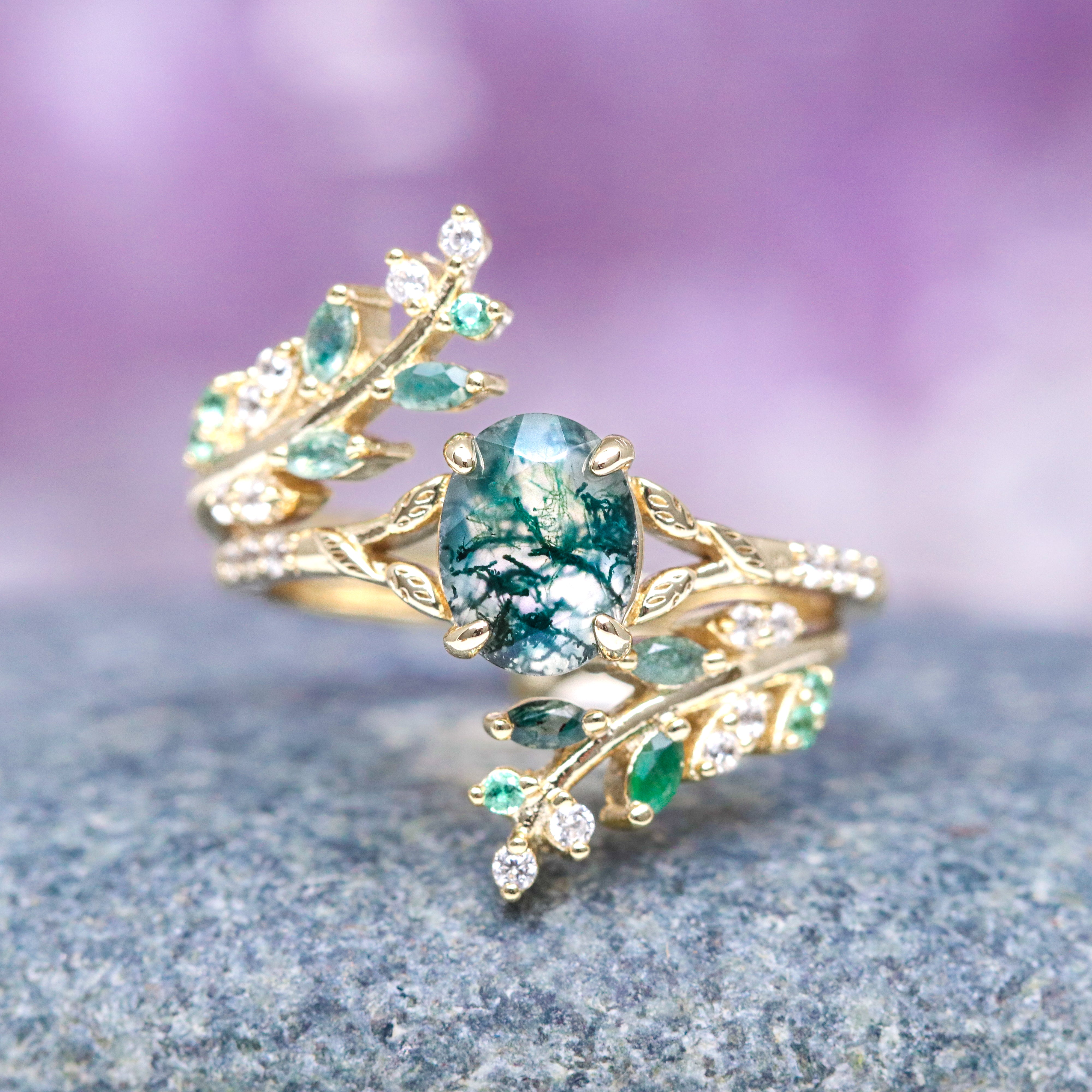 14K Yellow Gold Vermeil Green Moss Agate & Emerald Leaf Ring Set for Women - Nature-Inspired Jewelry for Weddings, Parties & Everyday Wear