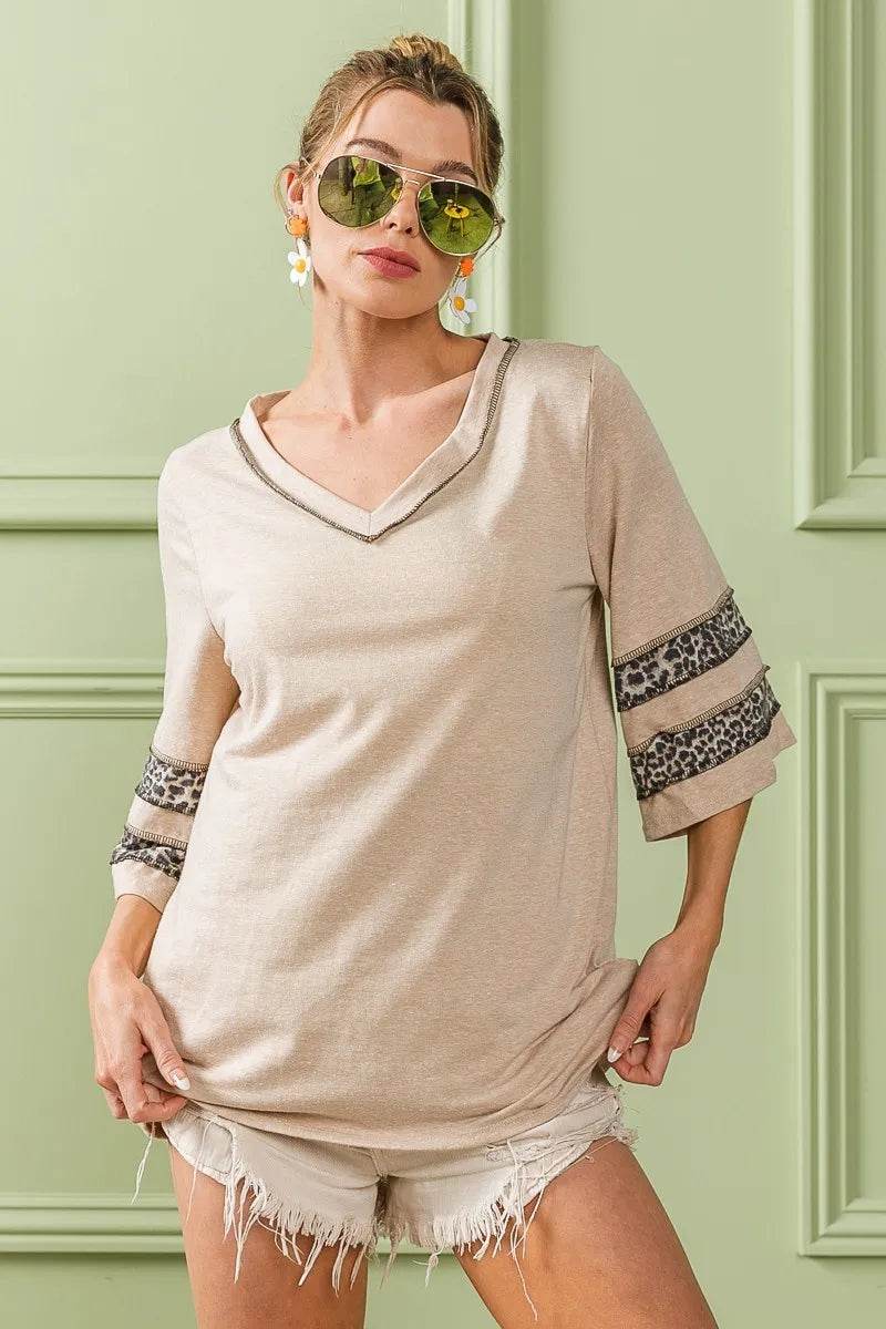 Stylish BiBi Triblend Knit Top with Leopard Band Detail - Women's Fashion T-Shirt for Casual Wear, Outfits & Daily Comfort