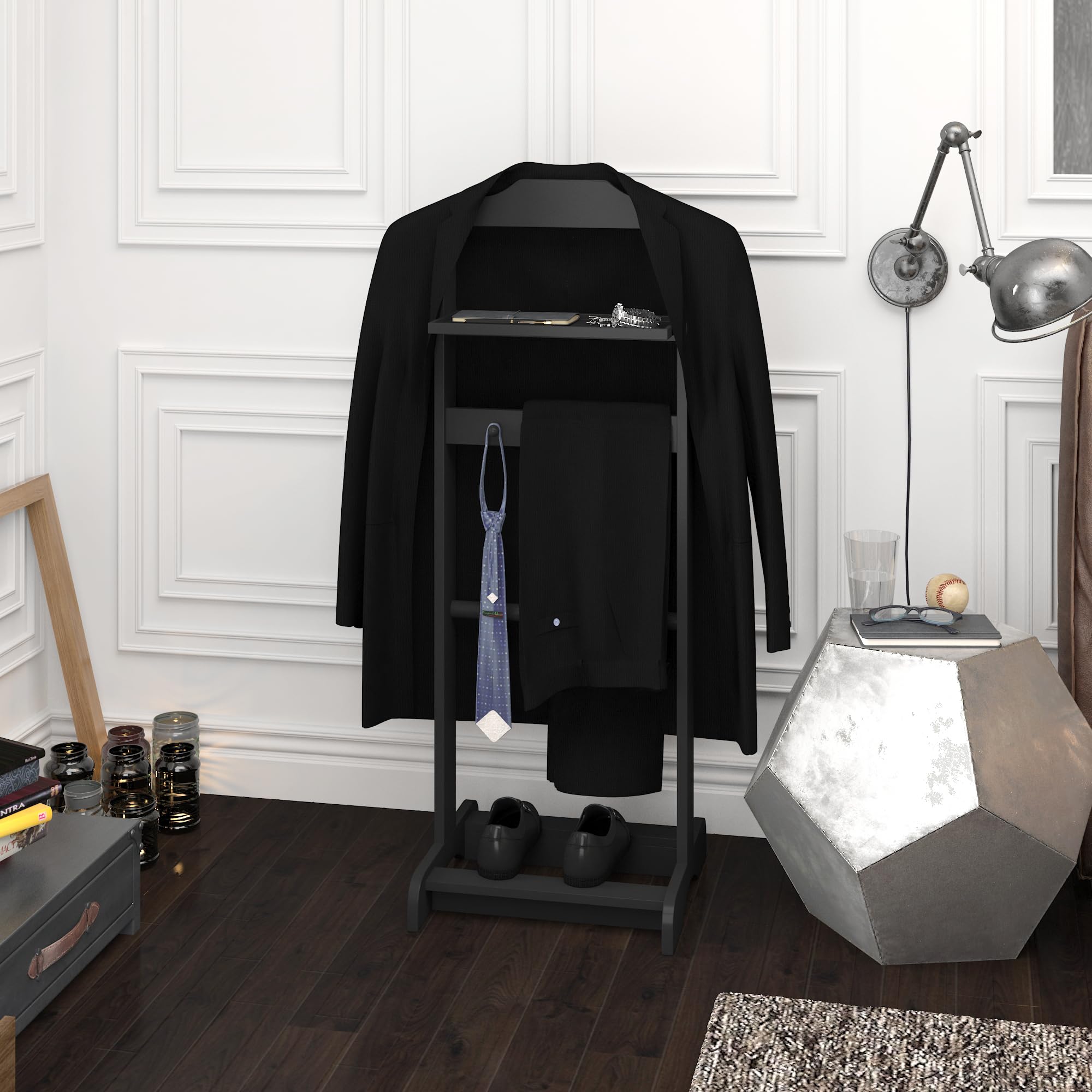 Black Valet Stand with Storage Organizer - Portable Garment Rack for Clothes | Bedroom, Closet & Travel Use