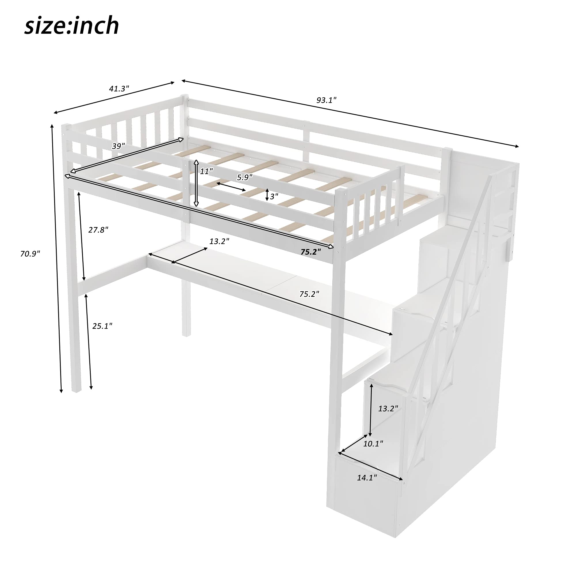 Rhomtree Twin Size Wooden Loft Bed Frame with Staircase & Built-in Study Desk - Space Saving Kids/Teen Bed for Small Rooms - No Box Spring Needed (White Finish)