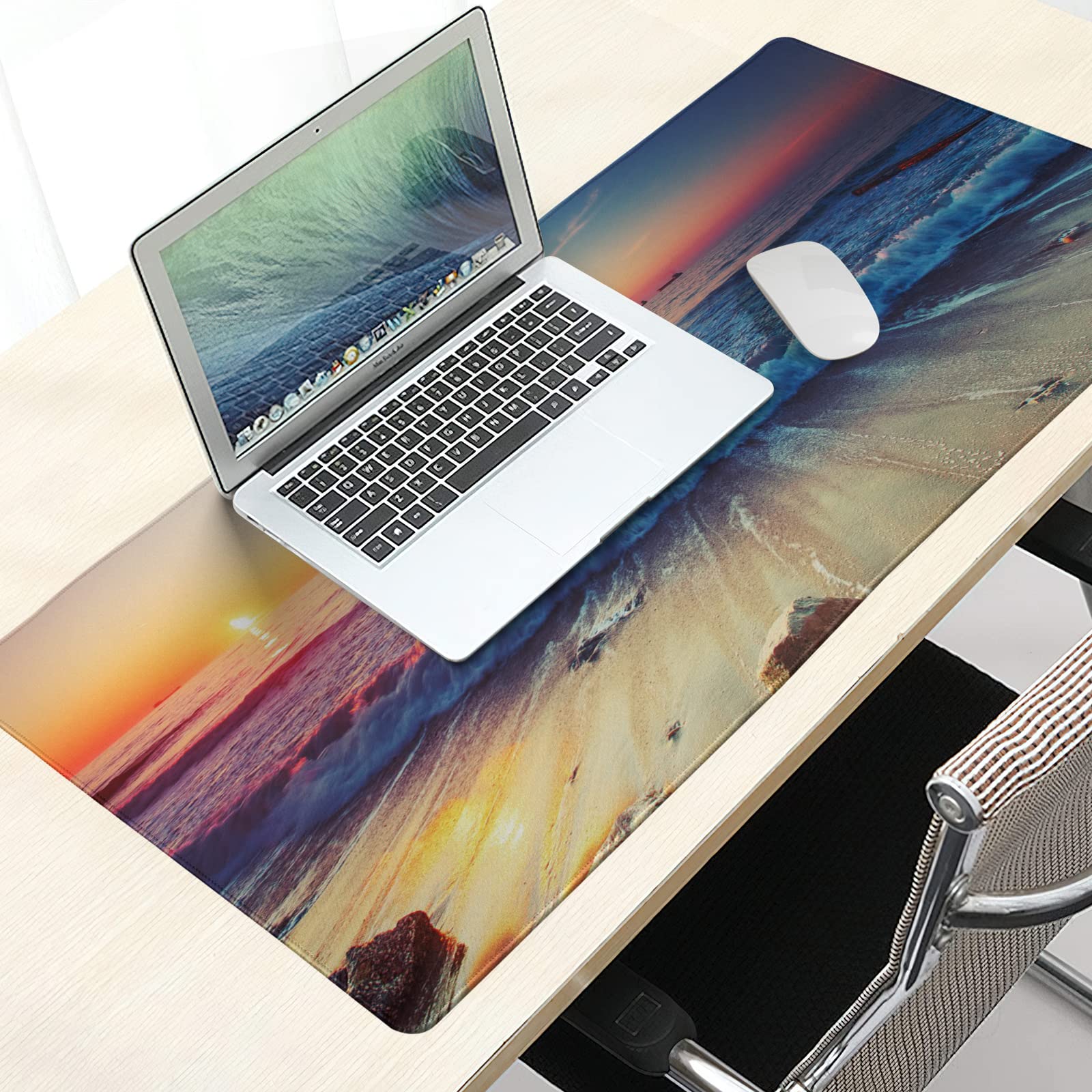 XXL Beach Sunset Mouse Pad - Large Gaming Mouse Mat with Non-Slip Rubber Base & Stitched Edges (35.4x15.7 Inch) - Perfect for Office, Laptop & Gaming Desks - Coastal Themed Desk Mat for Work & Play