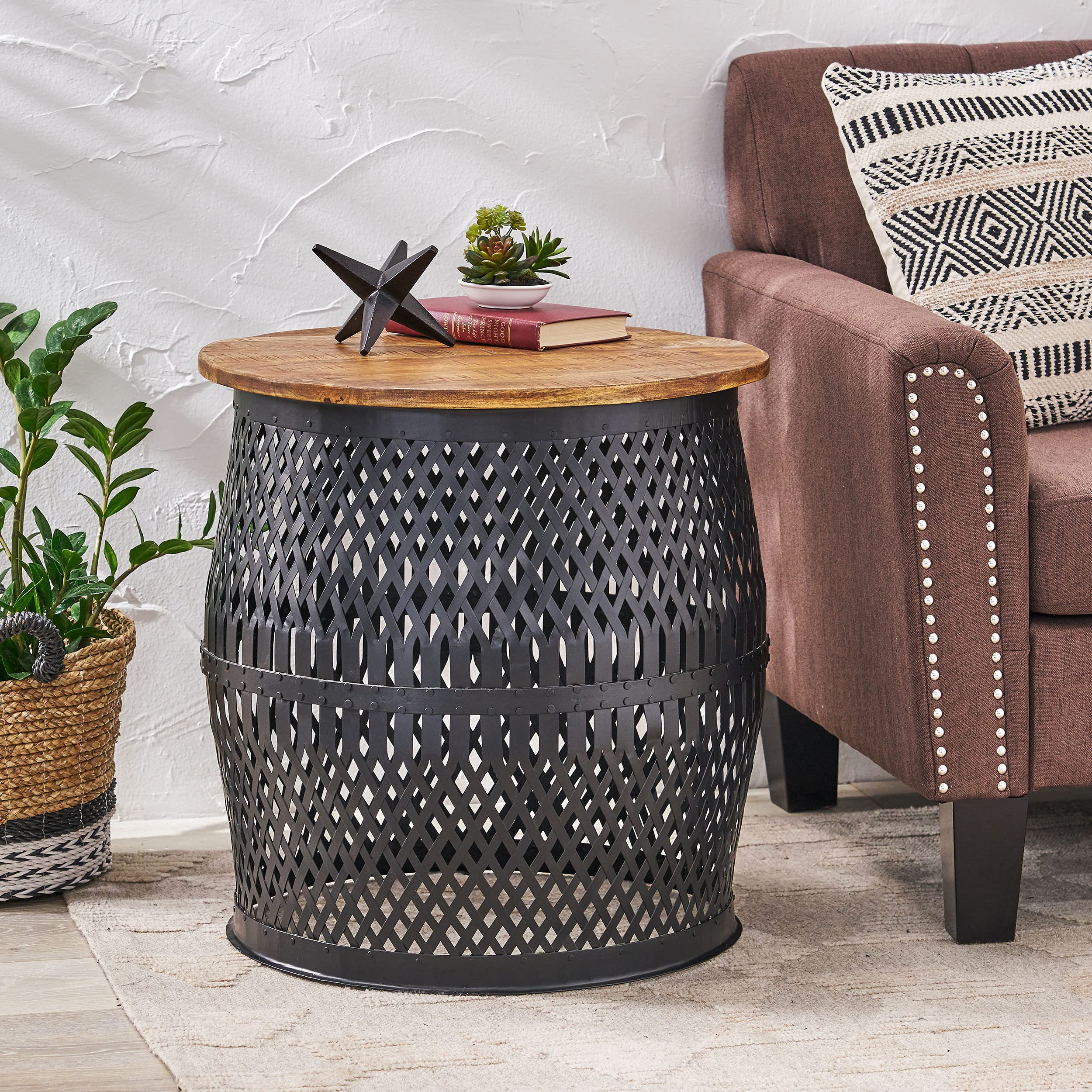Christopher Knight Home Niver Handcrafted Lace Cut Side Table - Mango Wood and Iron - Natural/Black - Elegant End Table for Living Room, Bedroom, or Office Decor